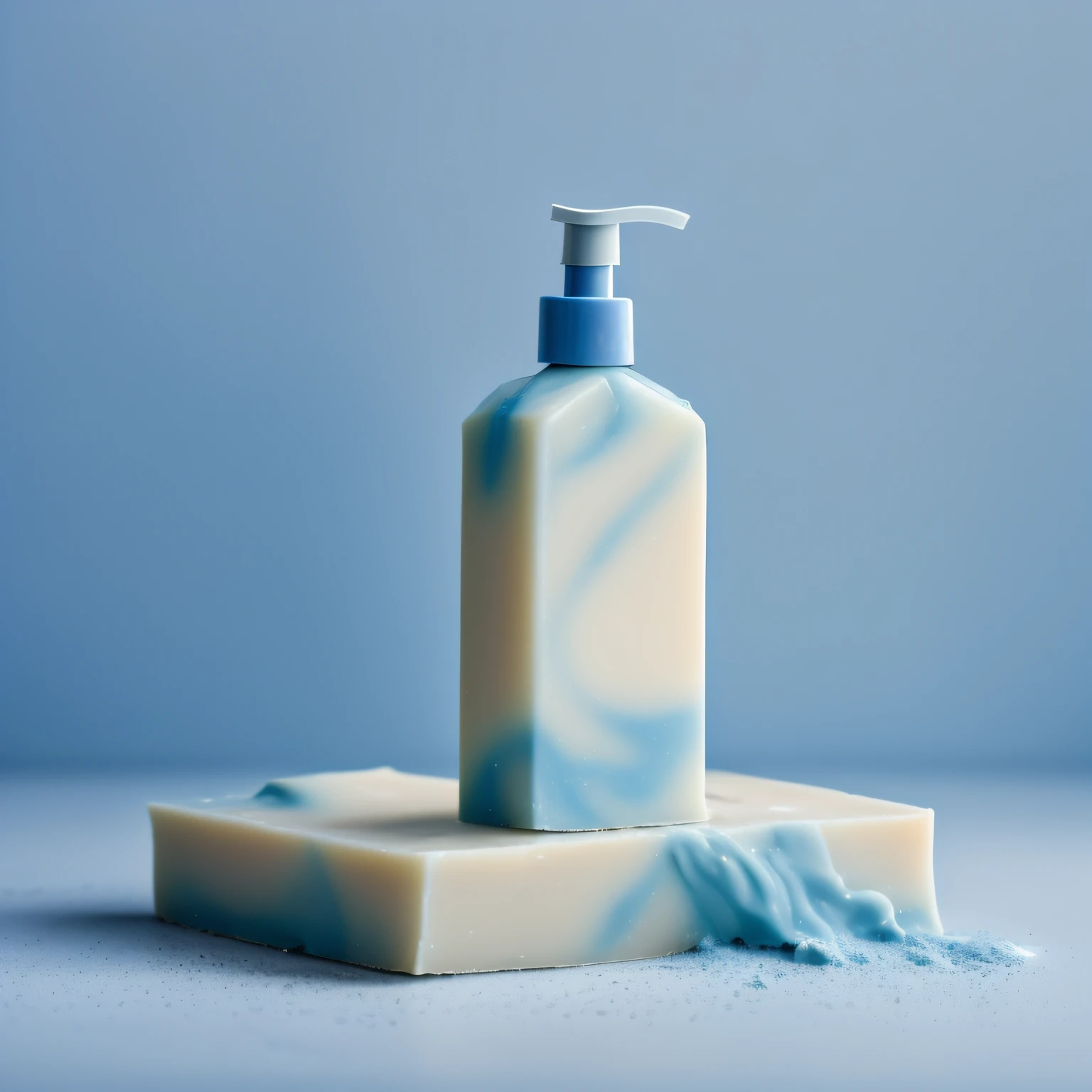 RAW,Shampoo combination soap medium view,ultra fine photos,best qualtiy,Blue milky white background,Light,Accentuate color contrast