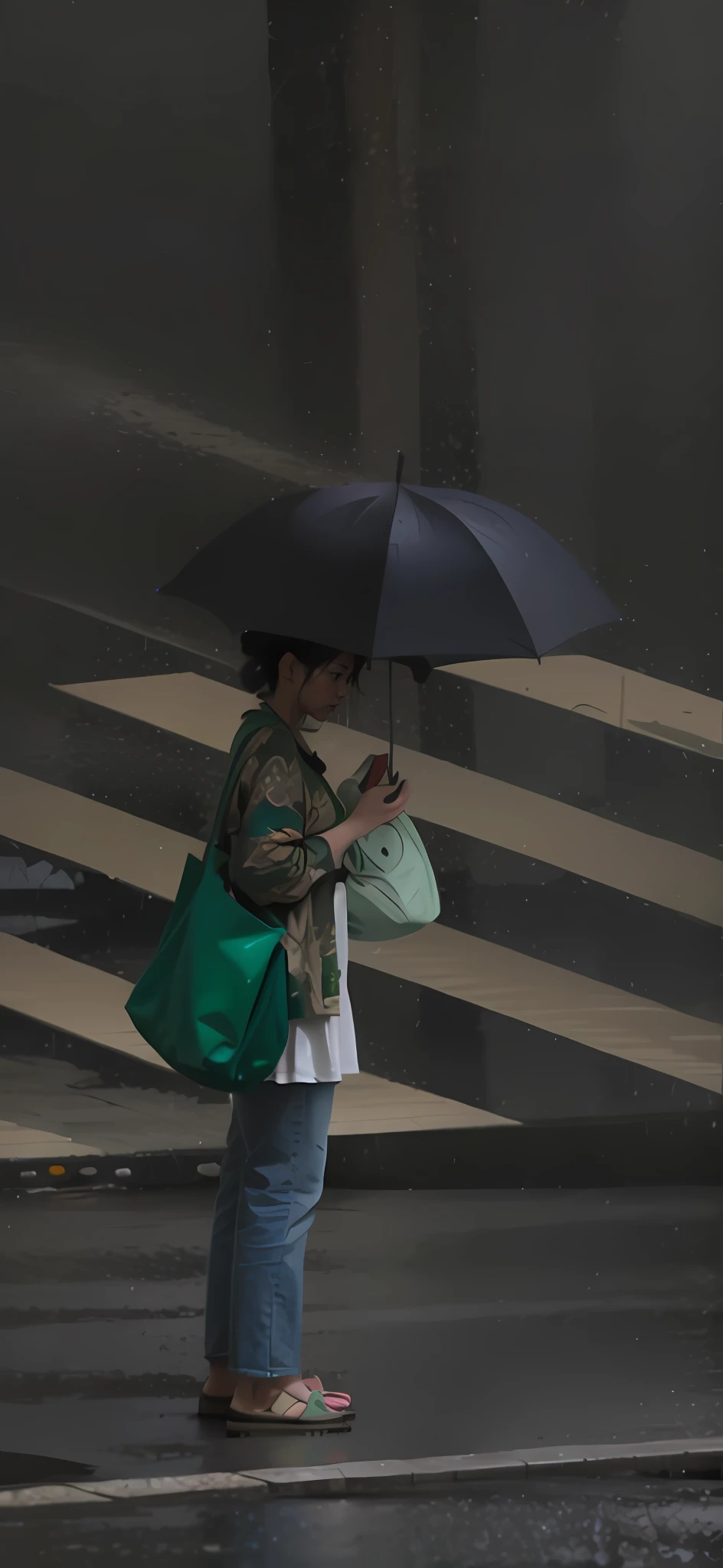 Woman with green bag and umbrella standing in the street in the rain, hard rain pouring straight down, very heavy rain, Heavy rain is coming, under rain, Rainy weather, it is raining heavily, checking her phone, Rain and sticky mucus, very heavy rain, [ Realistic photo ]!!, smoking a cigarette in the rain, In the rain, holding a umbrella