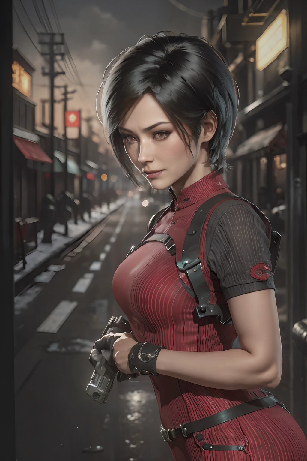 1 rapariga， 独奏， Ada Wong in the Resident Evil 4 remake， short detailed hair， brunette color hair， Red cheongsam， Short-sleeved shirt， Nero， nedium breasts， upper legs， hindquarters， black heels， Adriana's face， audience looking， sly smile， The pistol was hung around her waist， Best quality at best， A high resolution：1.2， 18th century village in the background， shadowing， nightmare， rays of moonlight， Upper body shooting， Low camera angle、depth of fields、Center focus