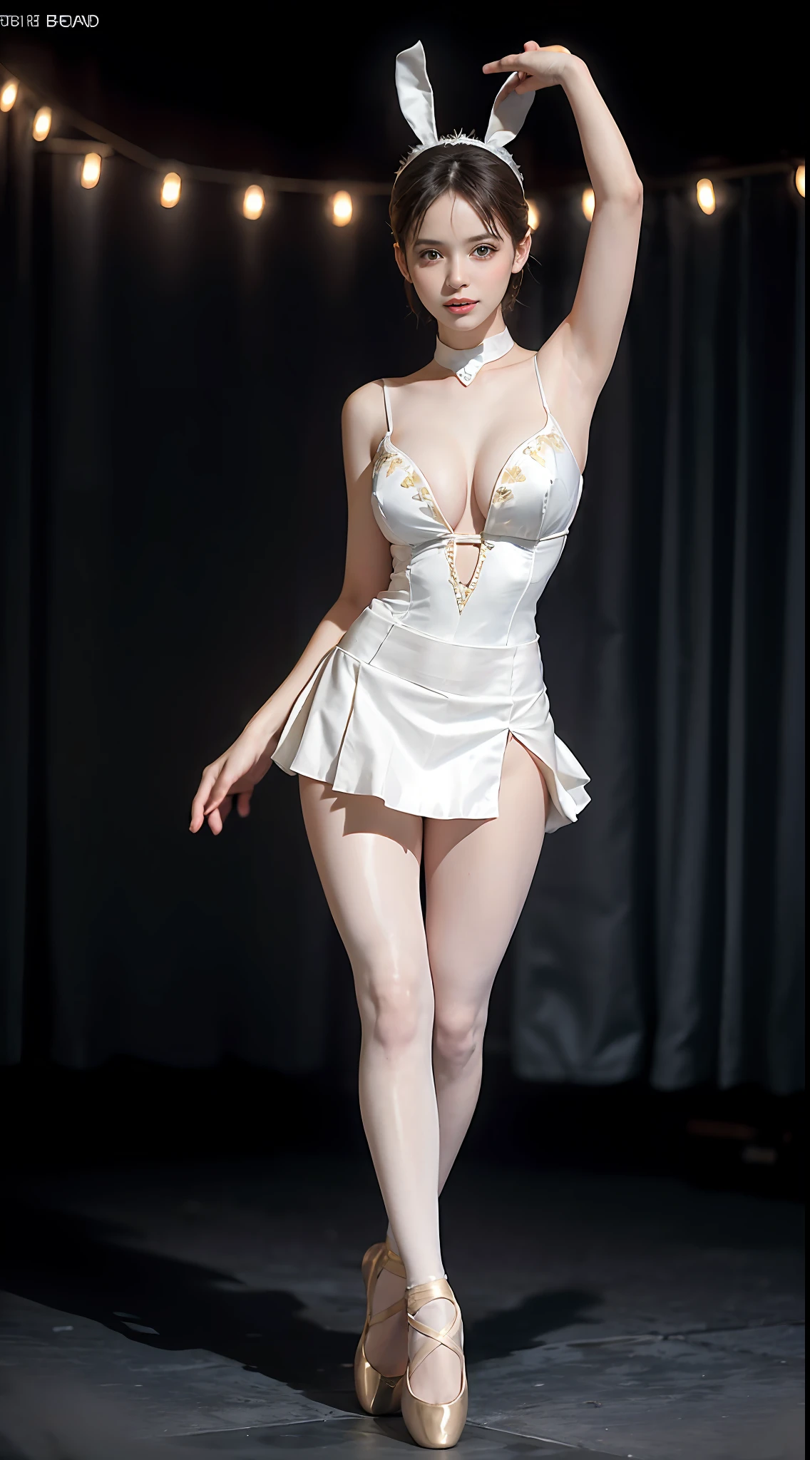 Surrealist women by David Hockney and Alphonse Mucha，Fantasyart，photographrealistic，动态照明，art  stations，poster for，lamplight，Stage，perform，theater，Volumetriclighting，Tall beauty，body high，Very detailed faces，4 k''，1girll，Stage，low tune，facial closeups,(White ballet costume，Ballet costume，Ballet costumes，ballet dance，Miniskirt bunny girl headdress，cleavage:1.4), Long ponytail，lots of people，Redlip，ssmile，low chest，deep v big breasts，huge tit，Raised sexy，Bigchest，Large breasts，Breast swelling，Raised chest，blackstockings，Breasts are plump，crisp breasts，A plump chest，the breasts are large，Seductive expressions，Wear earrings，The skirt floated，Hair flowing up，wearing a choker，Wear a bracelet，The stands up，standing on your feet，long leges，blackstockings，Wet all over，Moisturizes the whole body，huge tit，Red lips，stocklings，gigantic cleavage breasts，black lence stockings，slenderlegs，Hot dance，ballet dance，Ballerina，full bodyesbian，beautifullegs，Dance，gracefulness，soft，softness，Noble，Rich，largeeyes，eye shadows，Long legs，beautifullegs，Thin leg，split，splitting legs，Dance，Dancer