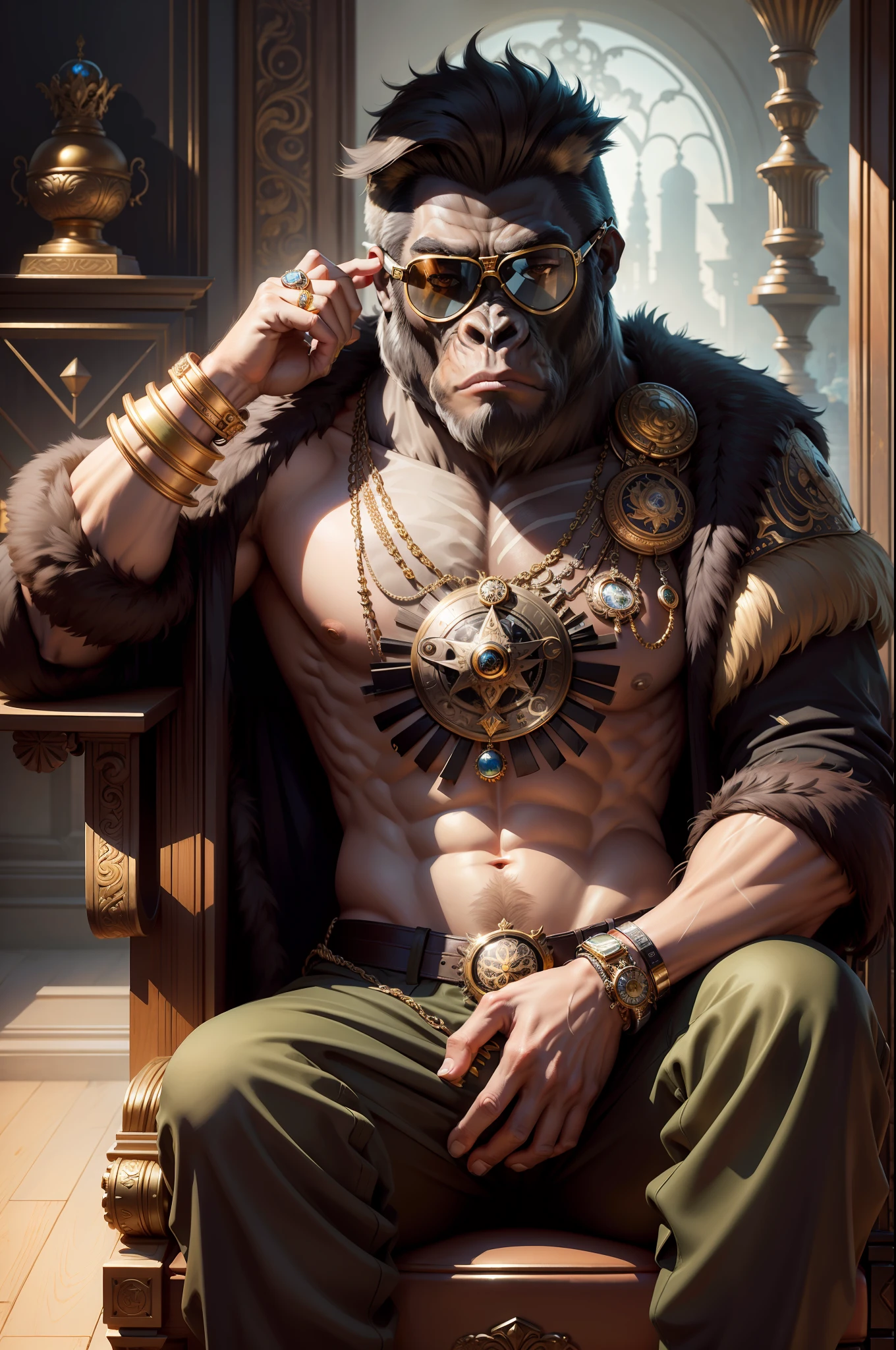 masterpiece, best quality, photorealistic ,fashionmonkey, gorilla, eyewear on head, gears, gem, goggles , gold, jewelry, magic circle,male_focus, owl, pants, shoes, sunglasses, tassel, throne,