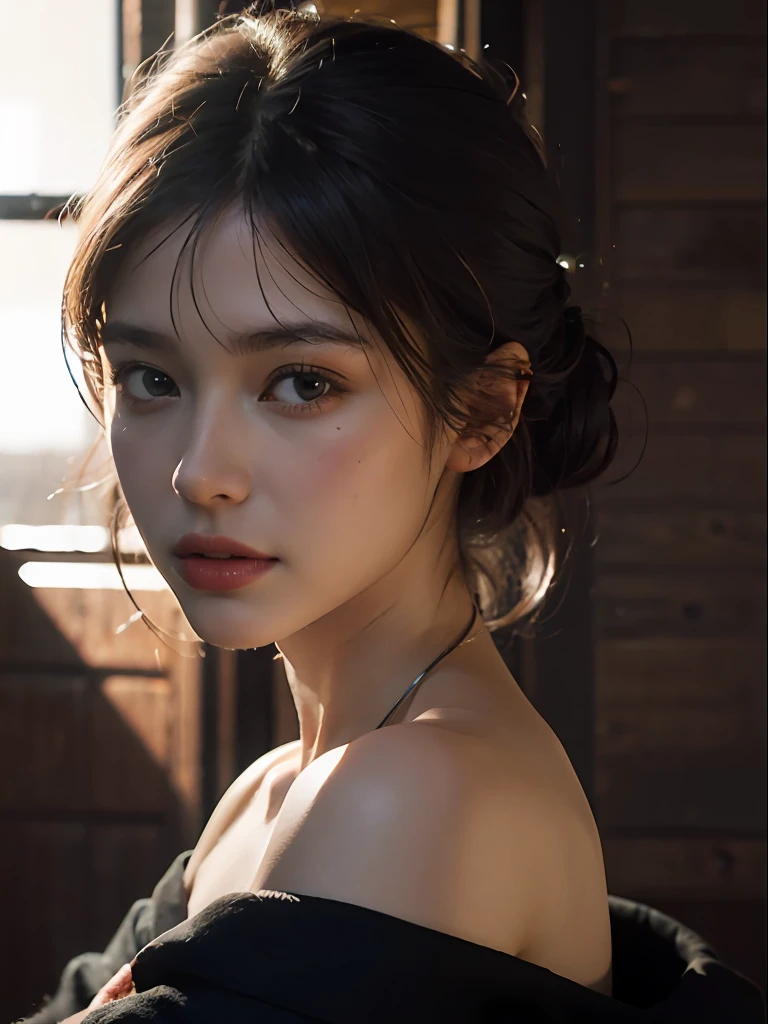 Best quality, masterpiece, ultra high res, (photorealistic:1.4), raw photo, 1girl, offshoulder, in the dark, deep shadow, low key, cold light