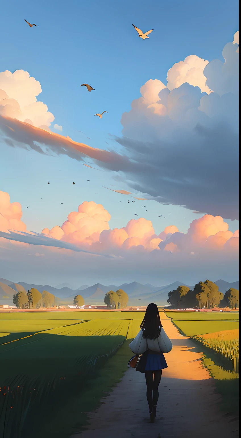I heard voices in the distance
He searched aimlessly
A few spring and autumn think twice before acting
At last, Full of desire
Time is always silent
Ask heaven and earth to ask you
Maybe eventually the tired birds will return
You and I will succumb to our lives(Outdoor view:1.5),A girl turns her back to the audience,中景 the scene is,grassy fields,blue-sky,Flying birds,The setting sun shines through the clouds,(tmasterpiece),(Best picture quality),(Very detailed and uniform picture),(8k wallpaper),(Chinese folk style painting),(Watercolor style painting),(light and shadow effect),Obvious image hierarchy,realisticlying