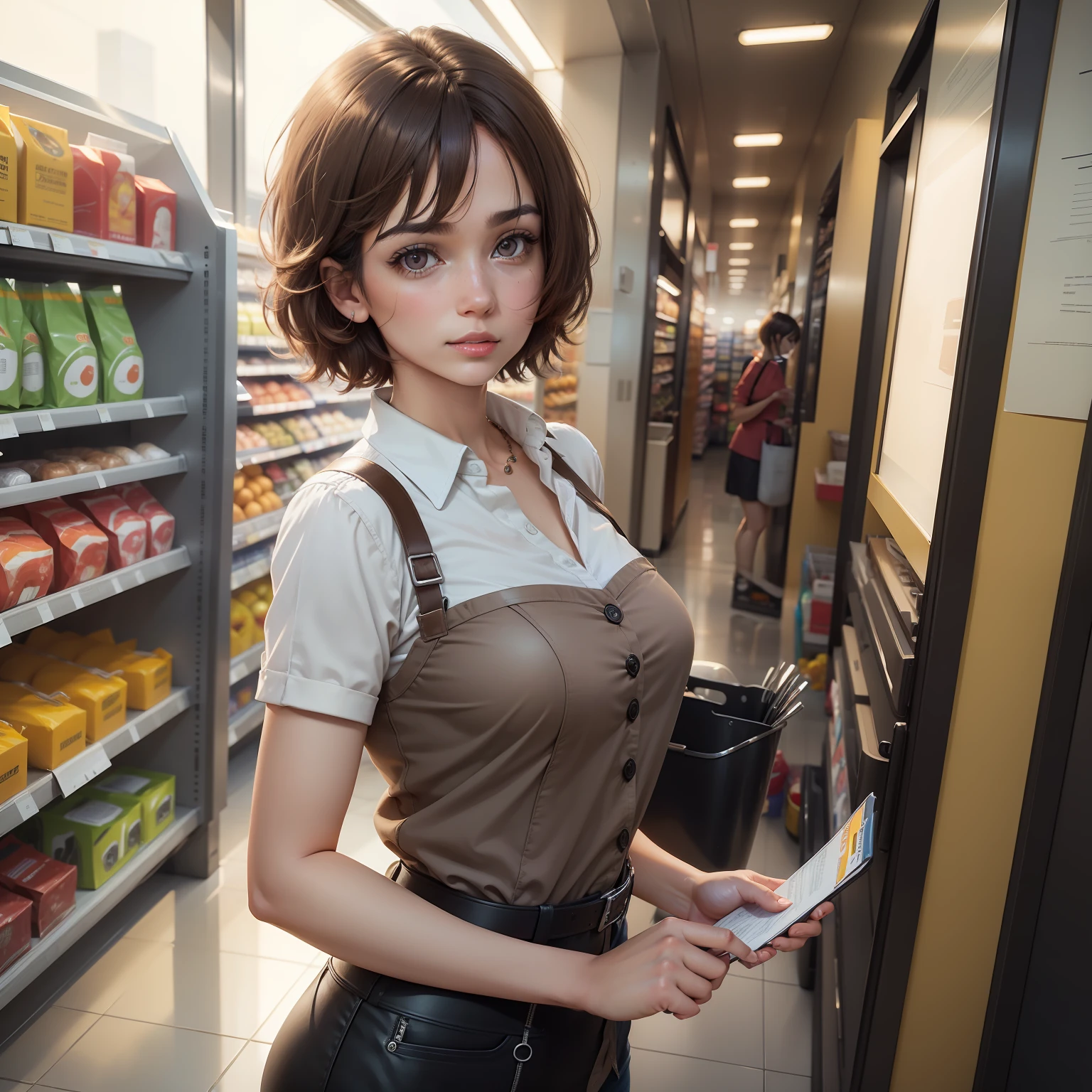 (Supermarket: 1), Afternoon, Doctor's Suit, Light Brown Fringed Short Hair, Light Brown Eyes, 1girl, Innocent, (Realism), (Fineness: 1.2), (Masterpiece: 1.3), (Best Quality: 1.4), (Ultra Resolution: 1.2), Ultra High Resolution, (Detailed Eyes), (Detailed Facial Features), HDR, 8K Resolution, (Lens Flare: 0.7), Turn Around, Busy with Inspection Report, Face Viwer, Drshe