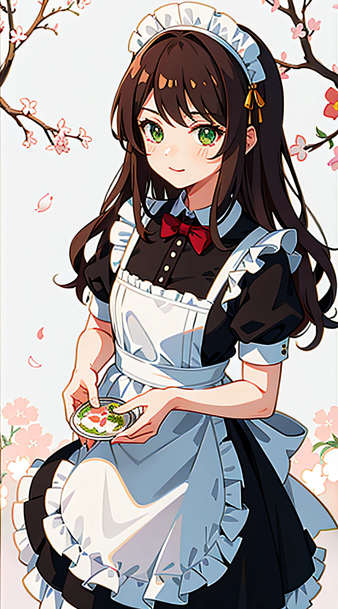 1girl, brown hair, multicolored hair, green eyes, maid, maid headdress, maid apron, cherry blossoms, sunbeam, wallpaper,