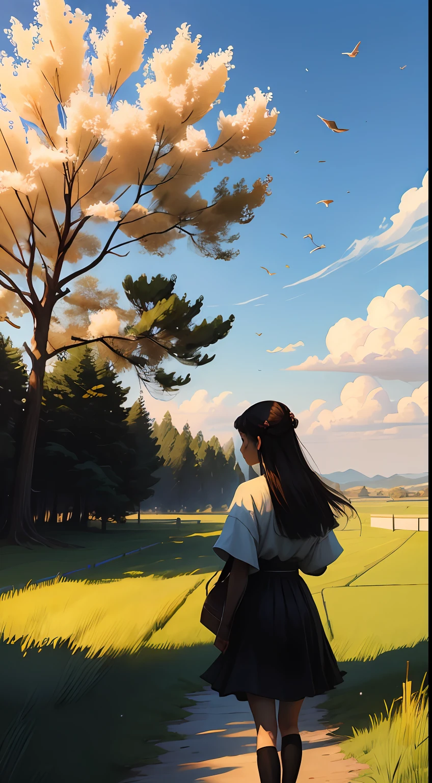 I heard voices in the distance
He searched aimlessly
A few spring and autumn think twice before acting
At last, Full of desire
Time is always silent
Ask heaven and earth to ask you
Maybe eventually the tired birds will return
You and I will succumb to our lives(Outdoor view:1.5),A girl turns her back to the audience,中景 the scene is,grassy fields,blue-sky,Flying birds,The setting sun shines through the clouds,(tmasterpiece),(Best picture quality),(Very detailed and uniform picture),(8k wallpaper),(Chinese folk style painting),(Watercolor style painting),(light and shadow effect),Obvious image hierarchy,realisticlying