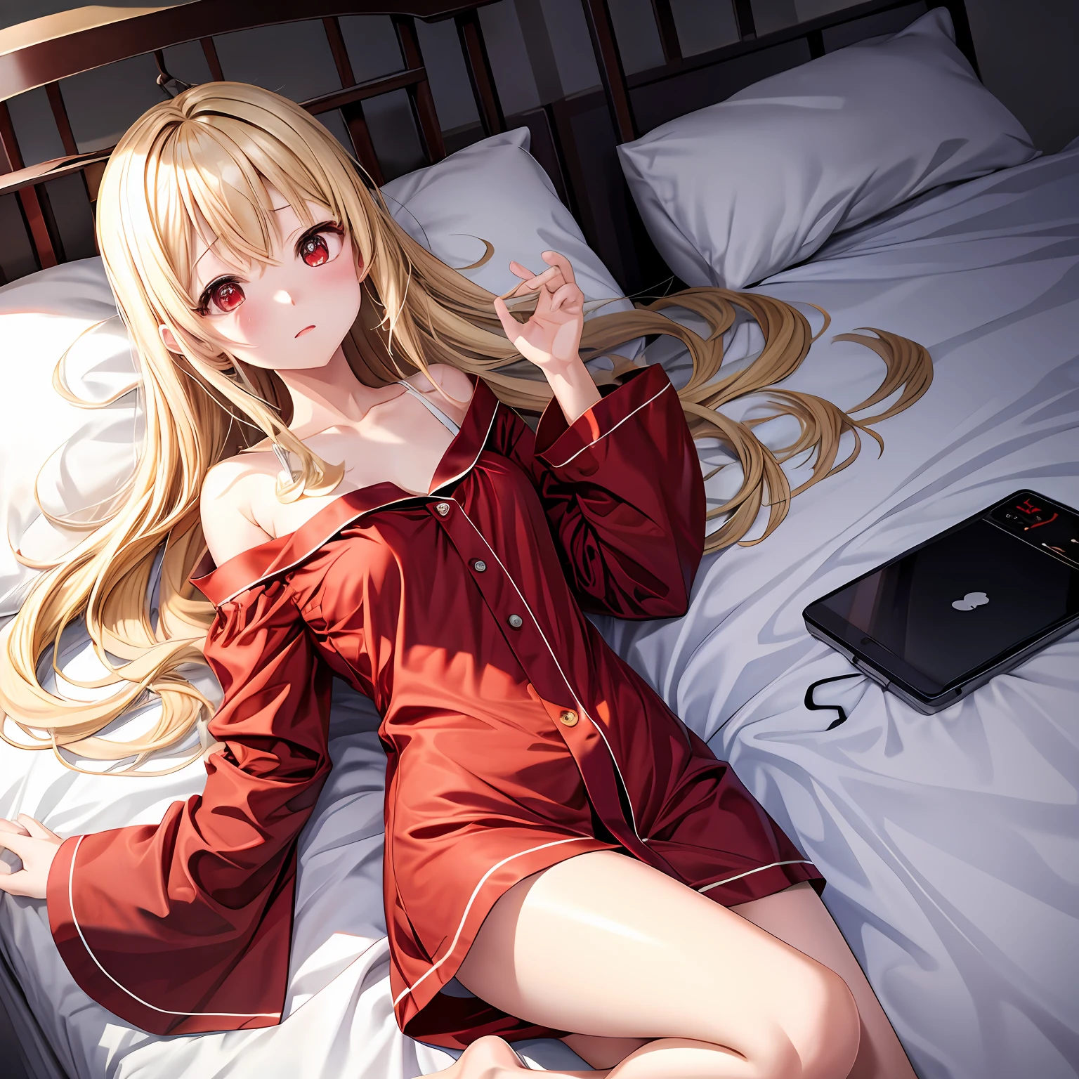 red eyes、One blonde girl、animesque、s Pajamas、off shoulders、on the beds
