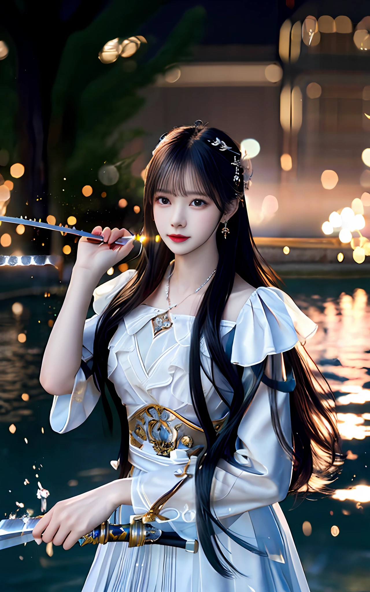 (realisticity: 1.2), best quality,masterpiece,highres,cg,
1girl,weapon,sword,long hair,dress,water,solo,jewelry,white dress,earrings,hair ornament,splashing,upper body,hair bun,black hair,
lighting,candid,Photograph,high resolution,4k,8k,Bokeh,