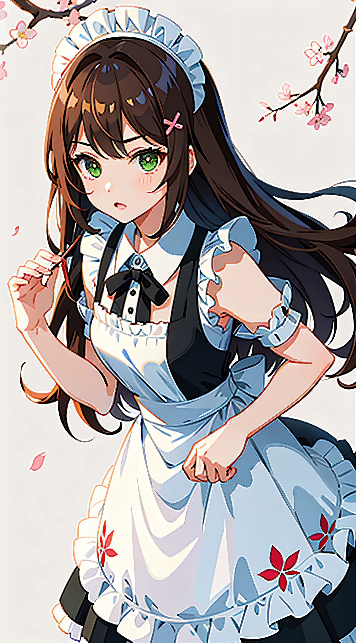 1girl, brown hair, multicolored hair, green eyes, maid, maid headdress, maid apron, cherry blossoms, sunbeam, wallpaper,