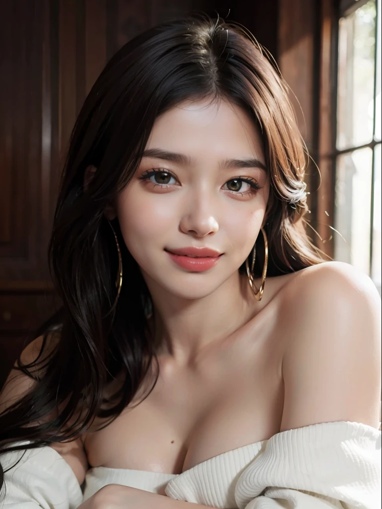 best quality, masterpiece, ultra high res, photorealistic, 1girl, offshoulder, smile