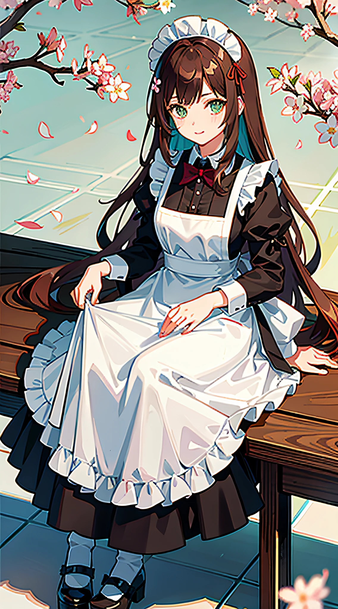1girl, brown hair, multicolored hair, green eyes, maid, maid headdress, maid apron, cherry blossoms, sunbeam, wallpaper,