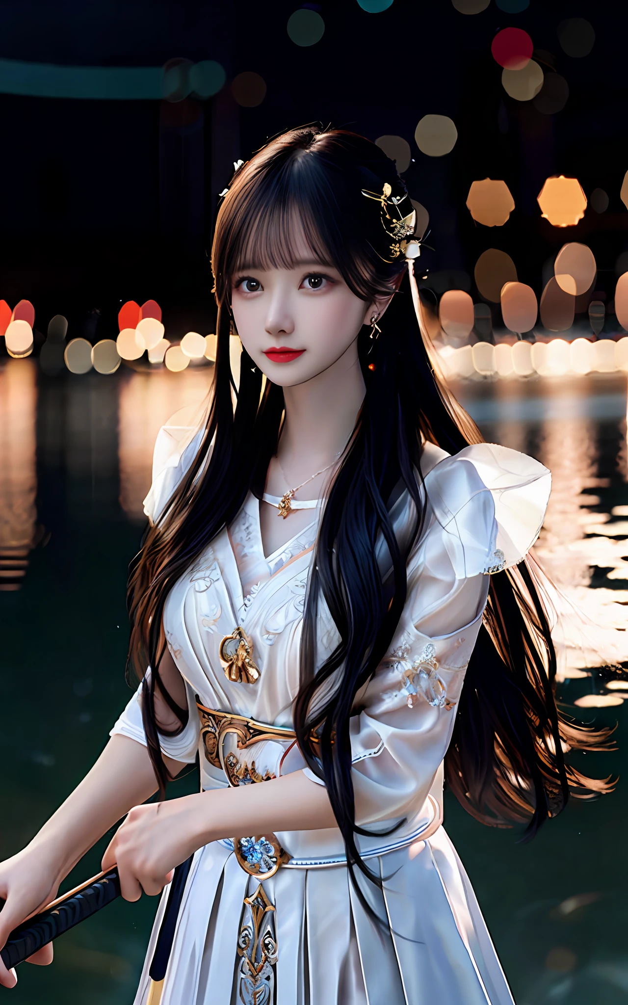 (realisticity: 1.2), best quality,masterpiece,highres,cg,
1girl,weapon,sword,long hair,dress,water,solo,jewelry,white dress,earrings,hair ornament,splashing,upper body,hair bun,black hair,
lighting,candid,Photograph,high resolution,4k,8k,Bokeh,