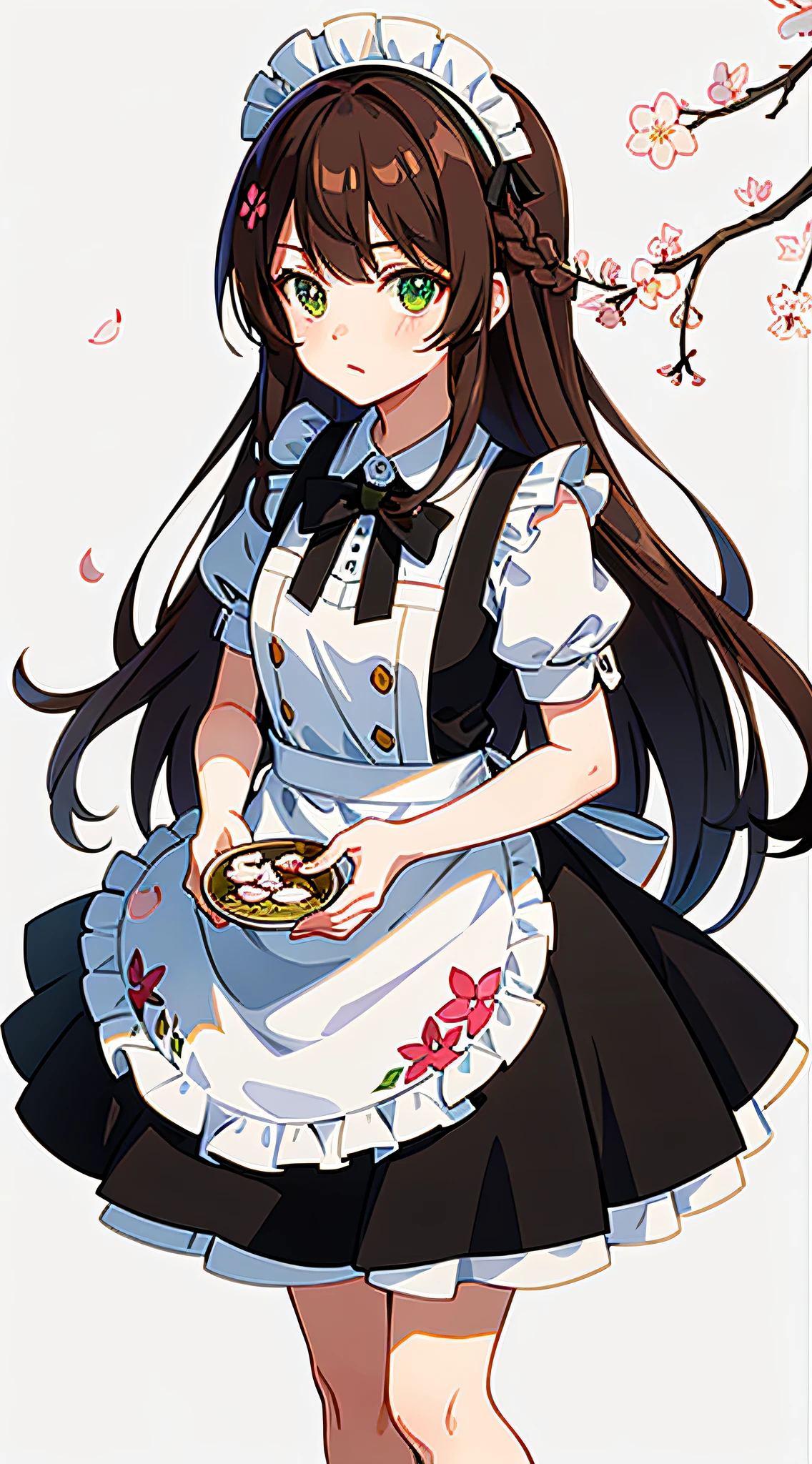 1girl, brown hair, multicolored hair, green eyes, maid, maid headdress, maid apron, cherry blossoms, sunbeam, wallpaper,