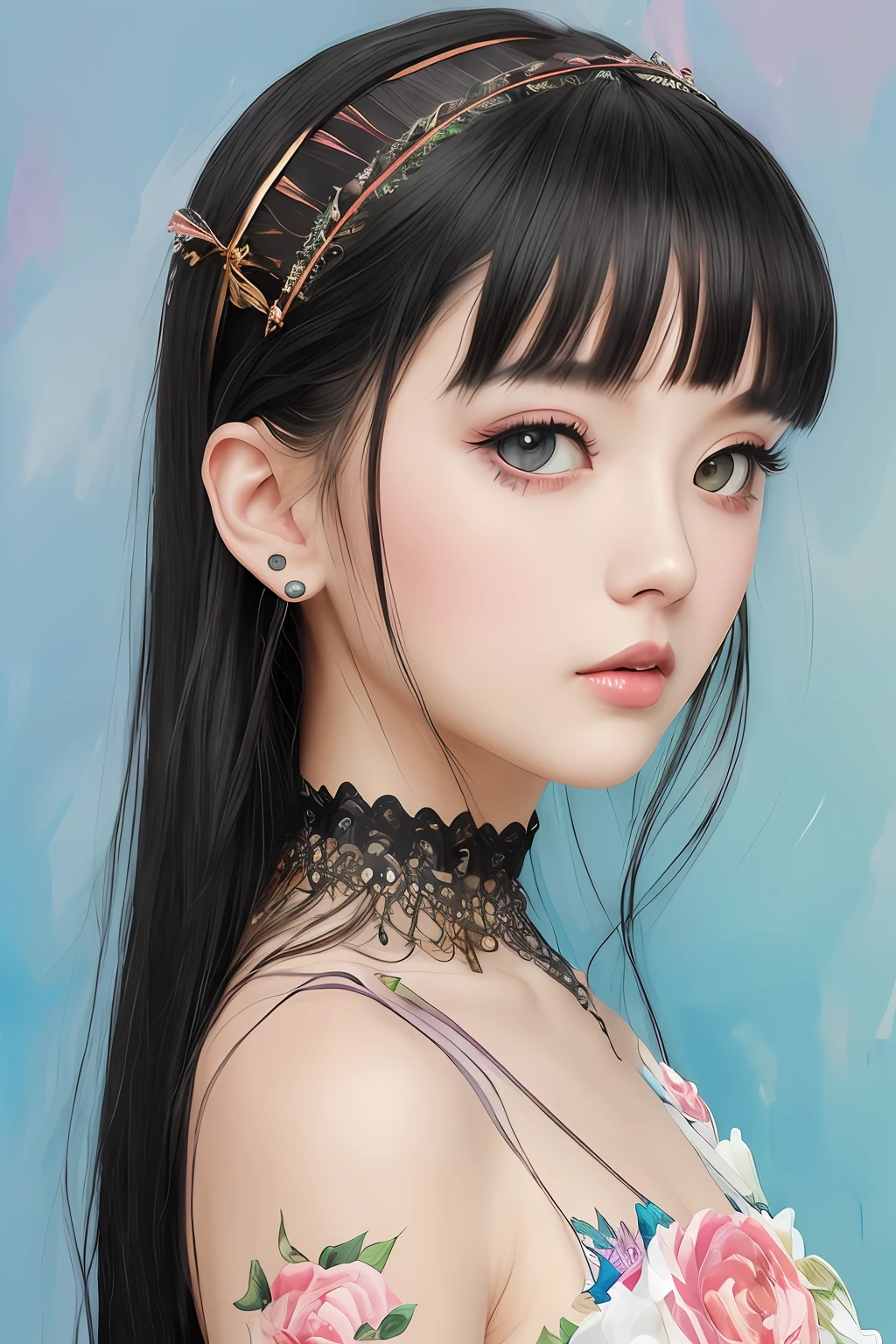 Colorful beautiful girl:Gil 8 、hair messy、an oil painting、soft skin perfect face、blue yellow colors、Add light purple and purple、Adding bright red、intricate-detail、Splash Screen、8K分辨率、​masterpiece、cute  face、ArtStation Digital Painting Smooth Very Black Ink Flow:An 8K resolution photorealistic masterpiece:Intricately detailed fluid gouache painting: by Jean-Baptiste Mongue: shodo: acrylic: watercolor paiting、professional photograpy、natural soft light、Volumetric lighting maximalist photo illustration: by Merton Bobzart:, Convoluted, elegent, immensity, Fantastical, hair wavy, with a vibrant,Gothic lolita、Menhera、Luxury、thin、breasts are small、1girl, Beautie、Beautuful Women、ren、kawaii、glares、Eyebrows are visible、short bangs、Dripping、colourfull、pop music、Full of piercings、Full of tattoos、Body Paint、Sprinkle paint、chibi,Slender narrow eyes。fine-grained fair skin。Plump cheeks。Long black hair with a smooth sheen。the body shape is slender。smaller face。A small nose with a nasal muscle。Gentle mouth。long lashes。lower eyelashes。a sailor suit。