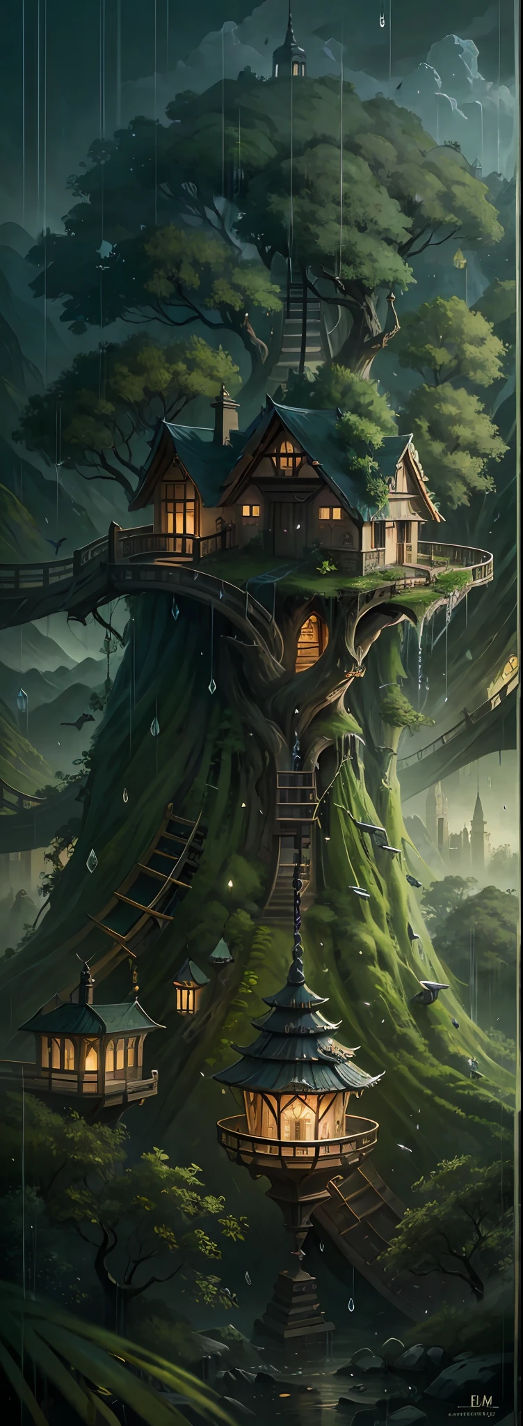 Portraits of noble goddesses appear over the city,mirage,god light,tack sharp focus,the elf,Elven architecture,Elven City,Huge tree house,Royal City,Amazing scenery,scenecy,The landscape,Rained,dark fantacy,suspense