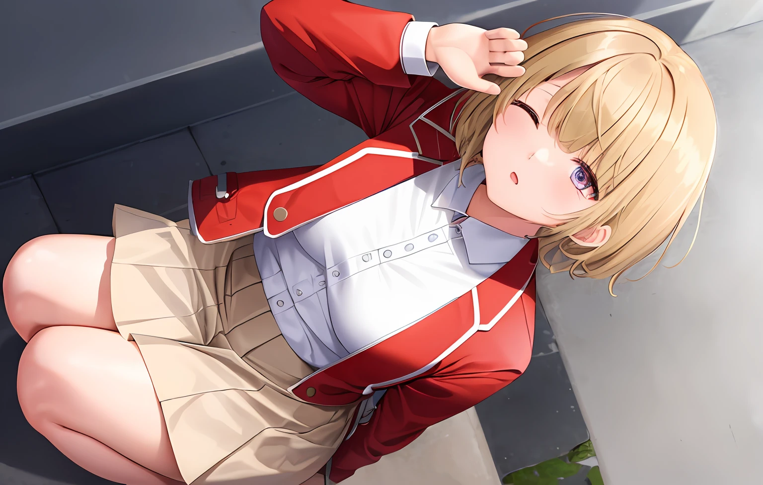 masterpiece, best quality, highres, 1girl Kikyou Kushida short hair beige-colored hair, white skirt red jacket open jacket squatting, looking up, (from above:1.4), sleepy eyes