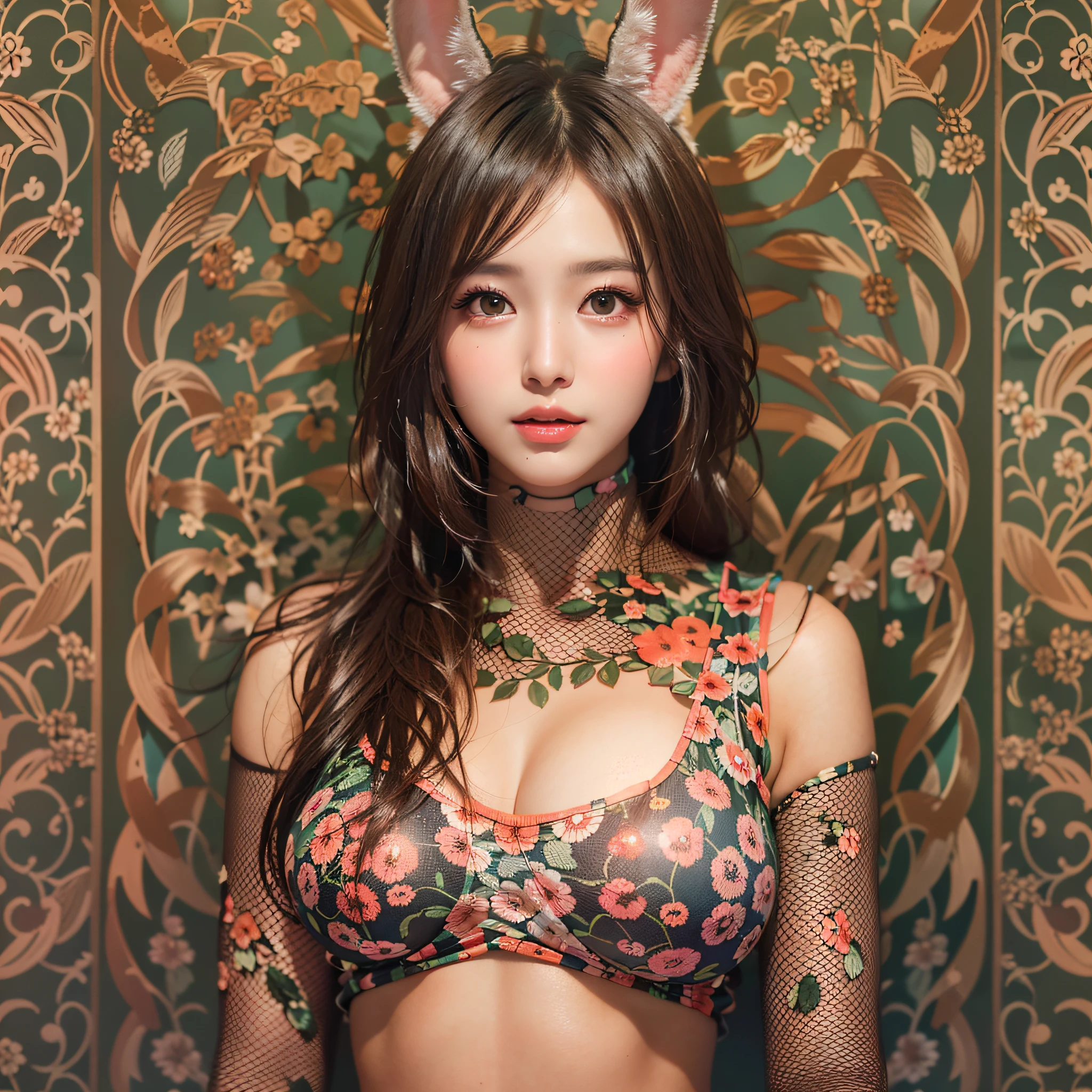 (Background, symmetrical, Compositions with coloful geometric arabesque patterns):1.3, (fullbody:1.3), (medium hair, dark brown hair), (top-quality, Photorealsitic:1.4, masterpiece:1.3, RAW Photography:1.2, cinematric light, very detailed illustration), (1woman:1.3, solo), (asian girl, ultra delicate face, ultra Beautiful fece, ultra delicate eyes, ultra detailed nouse, ultra detailed mouth, ultra detailed facial features), (a playboy bunny:1.3, bunnygirl:1.3, fishnets pantyhose:1.3), (medium breast:1.3), from the front side, skiny, lipgloss, Show cleavage
