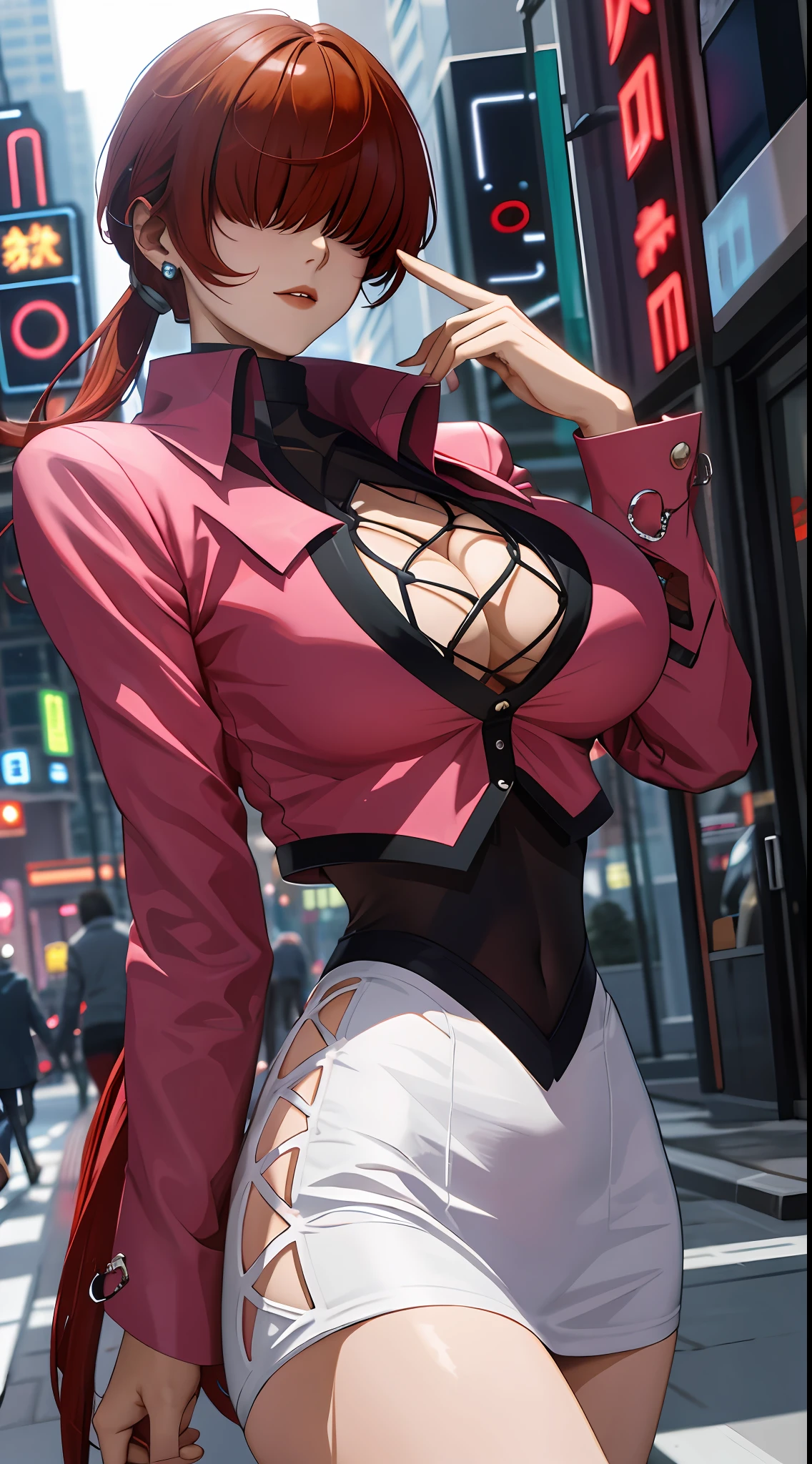 tmasterpiece,, Best quality at best, A high resolution, 1girll， red tinted hair，white  clothes，hason, Crop top, (Large breasts 1.4), nabel，Fighting posture，cyber punk perssonage，City streets