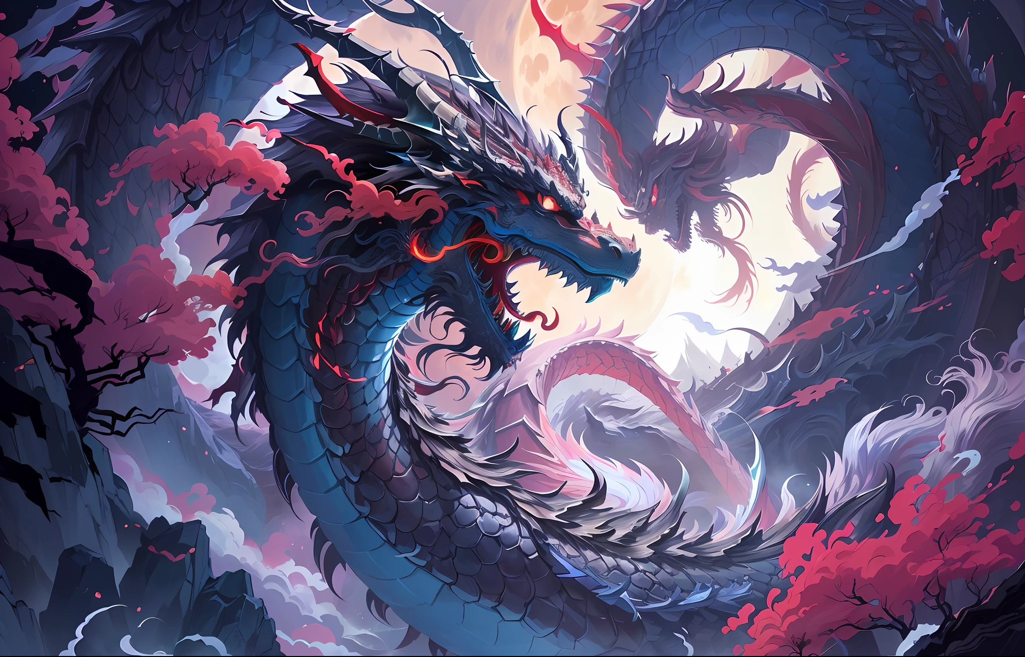 Illustration of a dragon with a red tail and a full moon in the background, chinese dragon concept art, majestic japanese dragon, Dragon Art, cyan chinese dragon fantasy, Chinese Dragon, oil painting of dragon, Blue dragon, smooth chinese dragon, highly detailed digital painting, colossal dragon as background, digital painting highly detailed, long dragon, Chinese fantasy