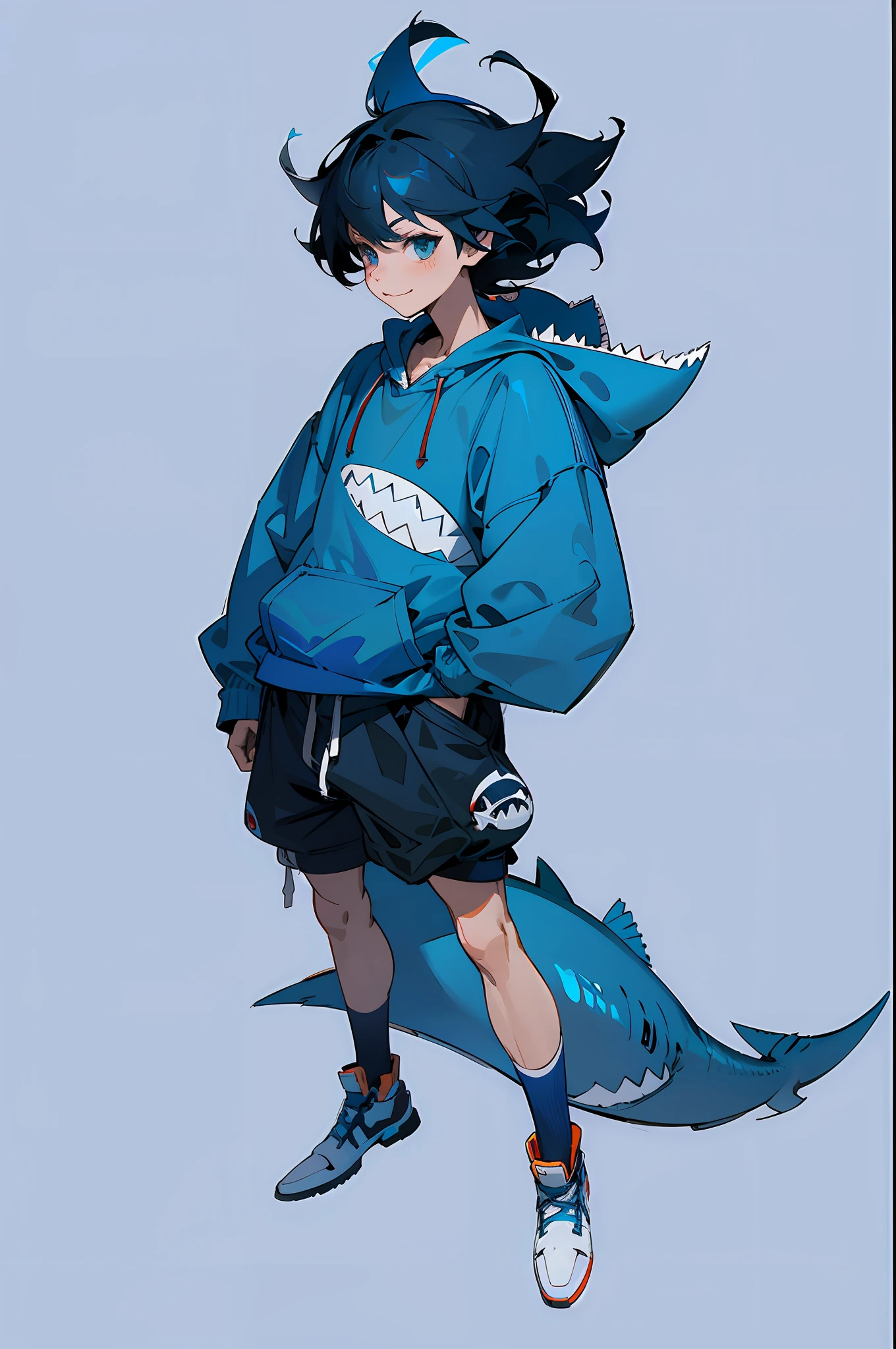 anime character with a shark tail and a hoodie, full body portrait of a short!, 2 d anime style, anime full body illustration, full body concept, detailed full body concept, full body illustration, anthropomorphic shark, trending on artstation pixiv, high quality anime artstyle, artwork in the style of guweiz, tall anime guy with blue eyes