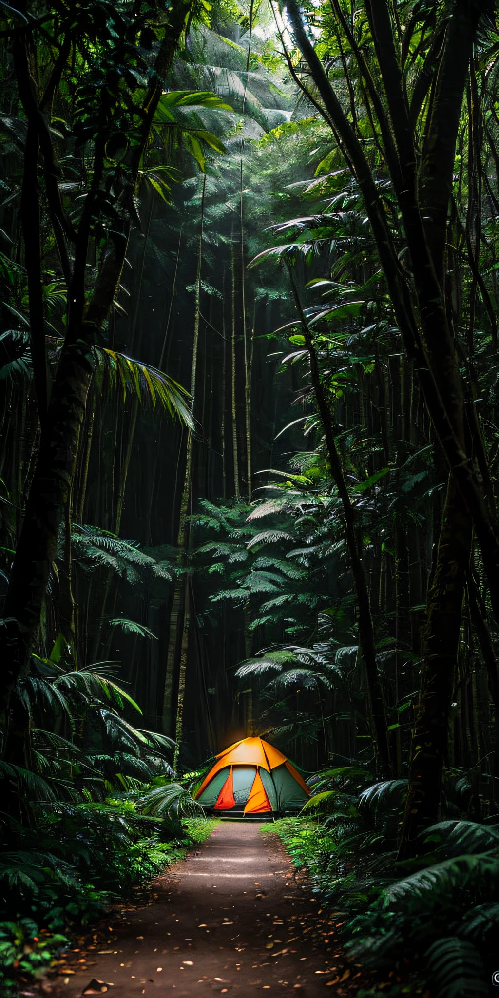 Several colorful camping tents set up among trees of an Amazon rainforest, on a rainy day, masterpiece, best quality, high quality, 8k extremely detailed CG unit wallpaper, oil painting, award-winning photography, Bokeh, Depth of Field, HDR, bloom, chromatic aberration, photorealistic, extremely detailed, trend in artstation, trend in CGsociety, intricate, high detail,  Dramatic, art in the middle of the journey, volumetric lighting