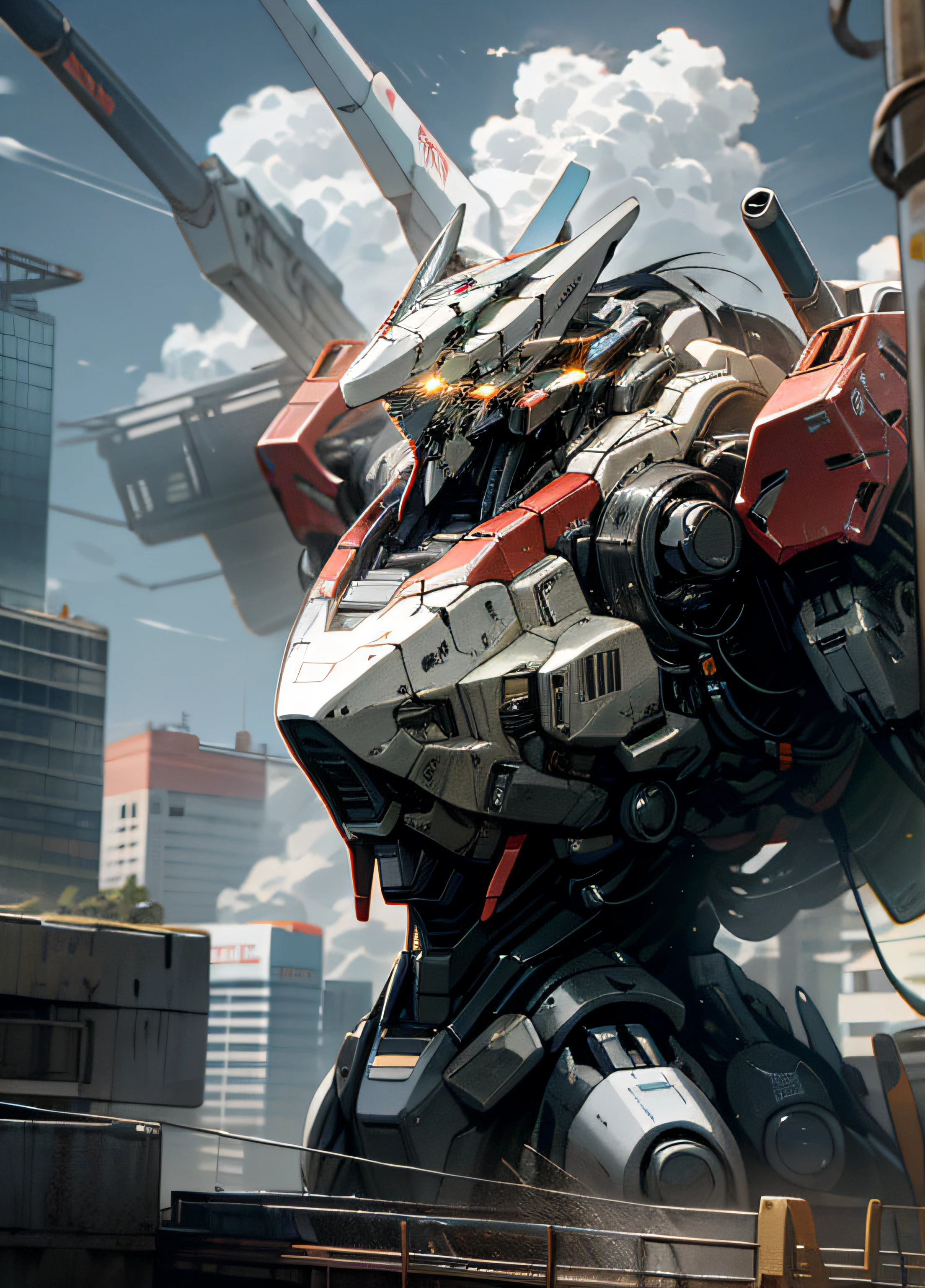 sky, cloud, holding_weapon, no_humans, glowing, , robot, building, glowing_eyes, mecha, science_fiction, city, realistic,mecha
