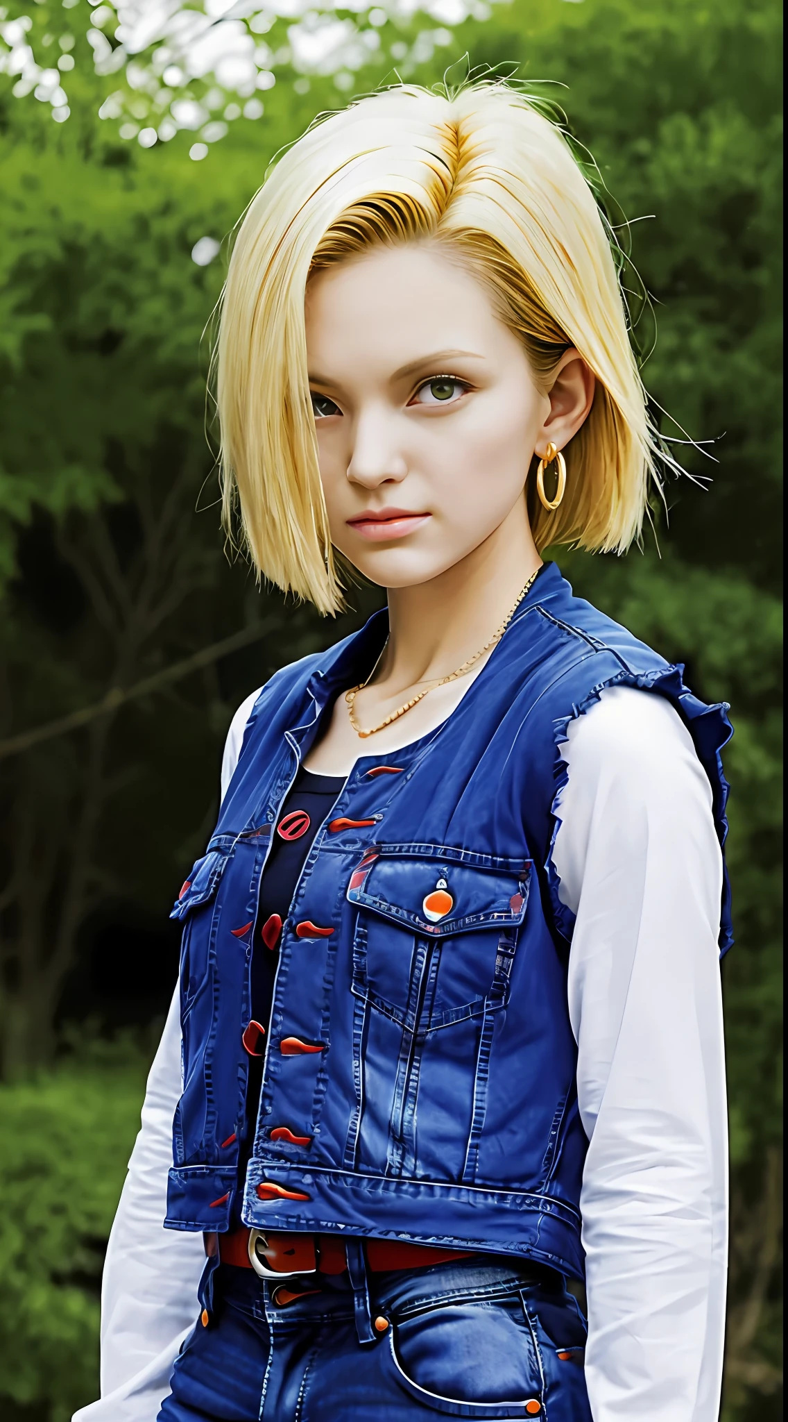 masutepiece, Best Quality, Portrait of cute android18DB, Realistic face, Solo, earrings, Jewelry, jeans, brave, eyeshadows closed, vests, Pants, plein air, gloves, Necklace, jeans, Rock, Standing, fighting position, Volumetric lighting, Best Quality, masutepiece, Intricate details, tonemapping, Sharp Focus, Hyper Detailed、dragon balls、Artificial human１８number、A Japanese Lady、japanes,a blond
