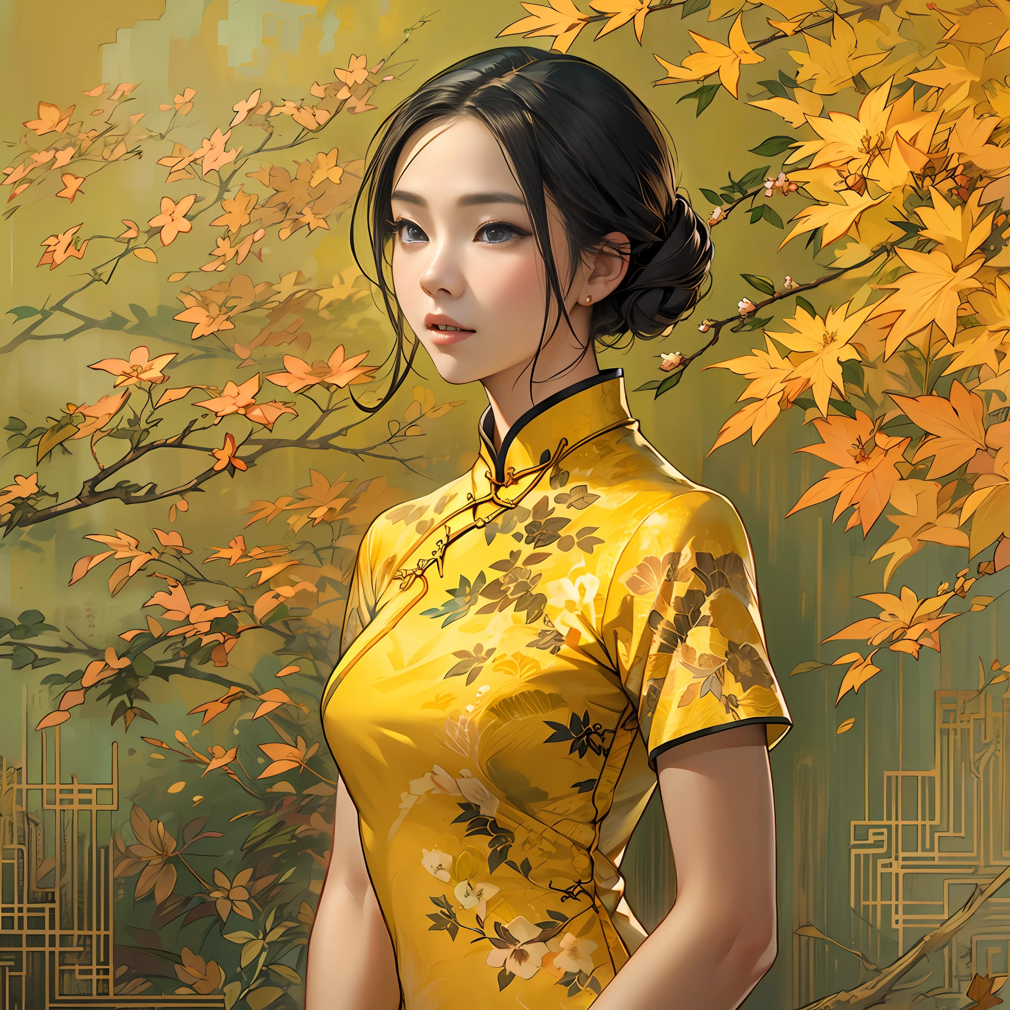 Young Asian woman in yellow cheongsam，A look of anticipation on his face、wistful expression ,in the style of the stars art group xing xing, 32K, Best quality, Masterpiece, Super detail, High details,