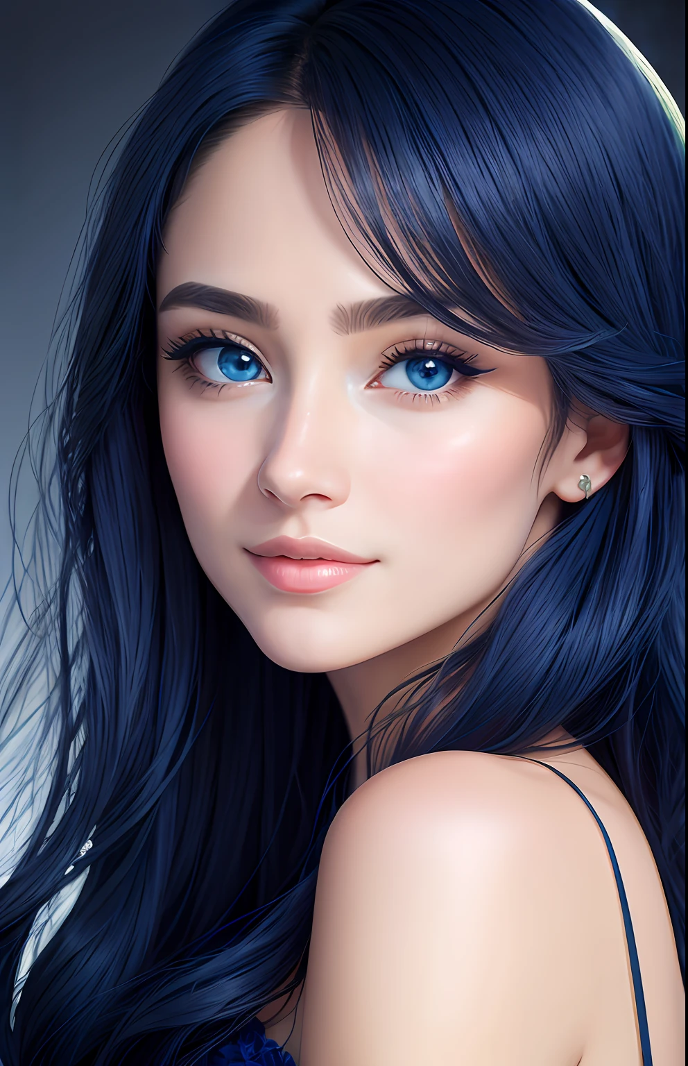 animesque、portraitures、One Person18Pretty Woman、Moisturized eyes、Casual clothing、a picture、oval jaw、beautiful countenance、The hair、Blue eyes with a beautiful glow、LDS Art