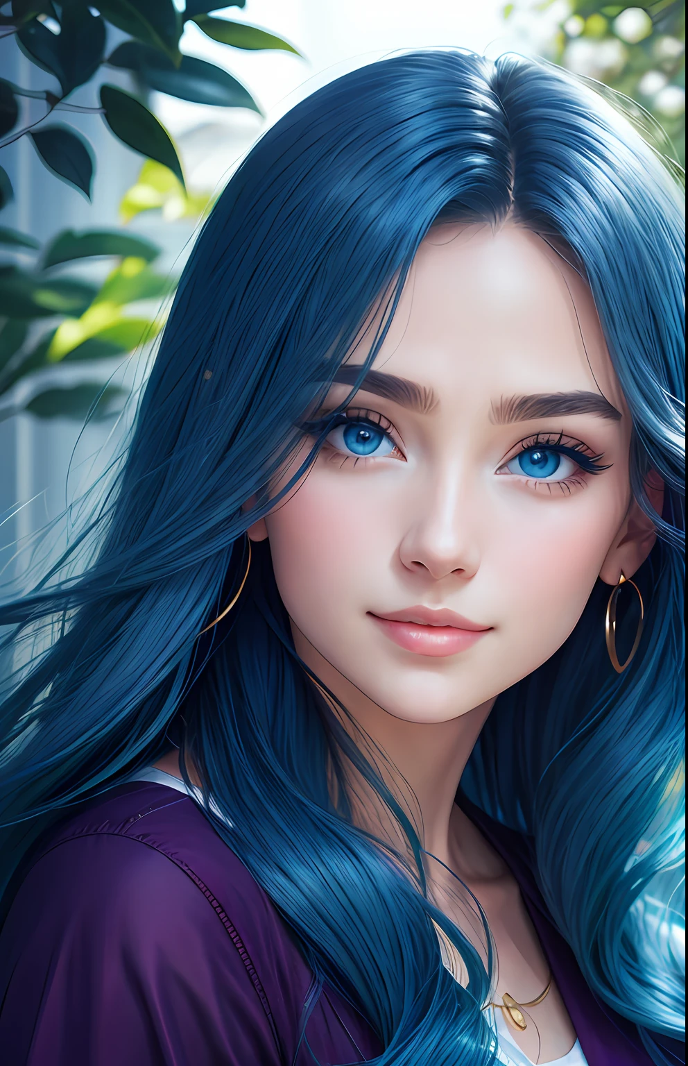 animesque、portraitures、One Person18Pretty Woman、Moisturized eyes、Casual clothing、a picture、oval jaw、beautiful countenance、The hair、Blue eyes with a beautiful glow、LDS Art