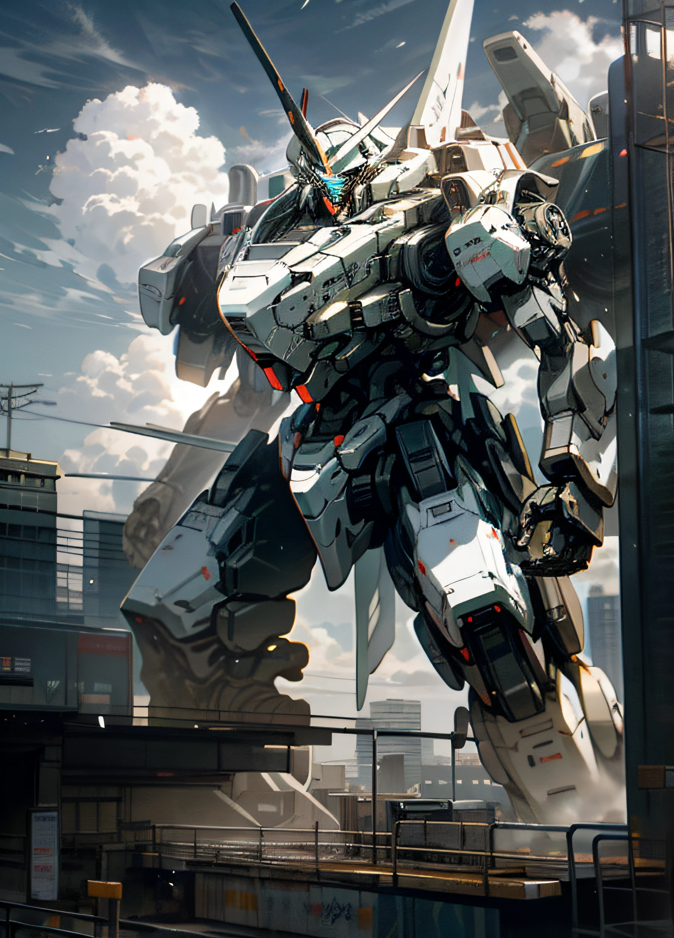 sky, cloud, holding_weapon, no_humans, glowing, , robot, building, glowing_eyes, mecha, science_fiction, city, realistic,mecha