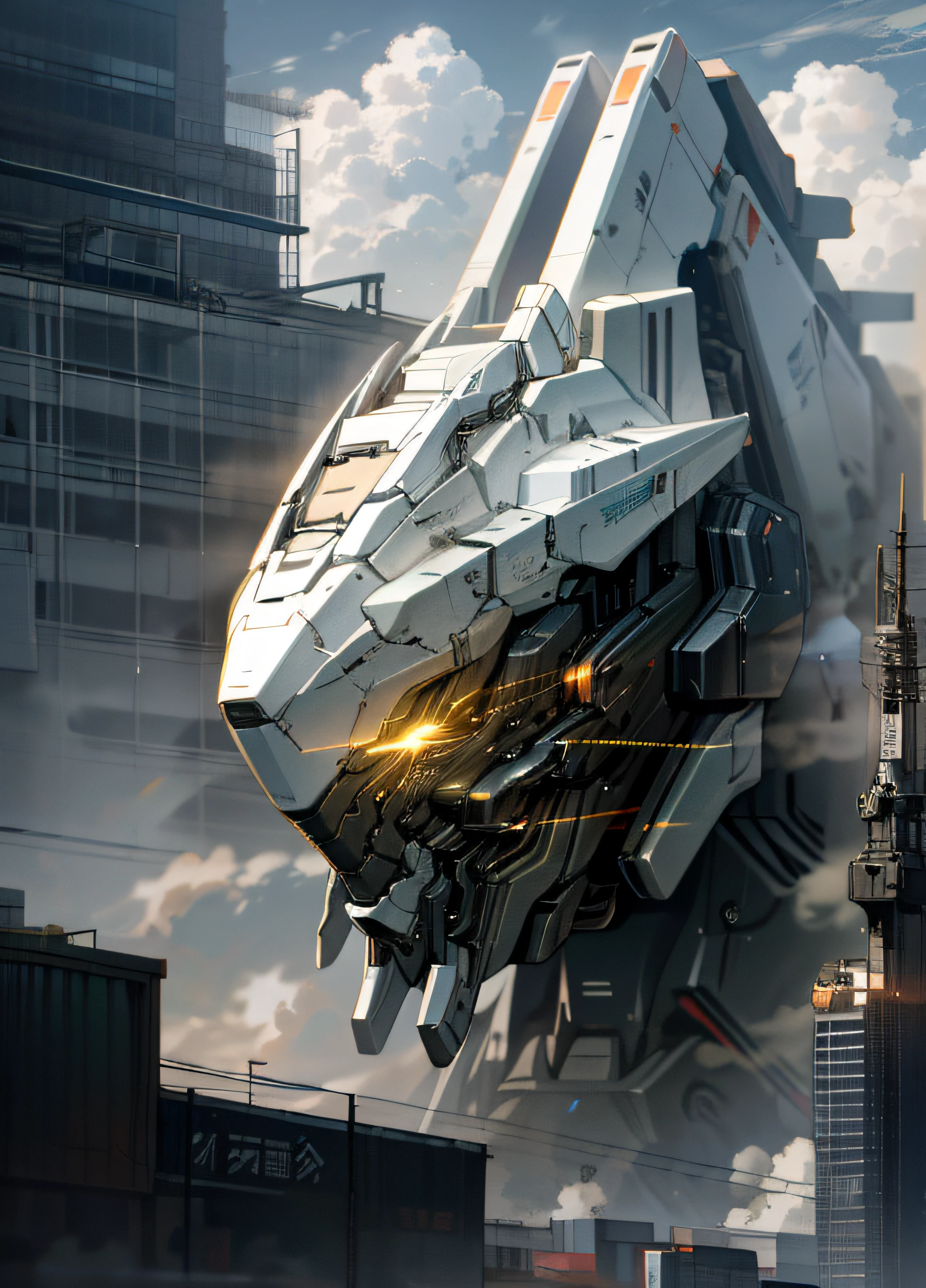 sky, cloud, holding_weapon, no_humans, glowing, , robot, building, glowing_eyes, mecha, science_fiction, city, realistic,mecha