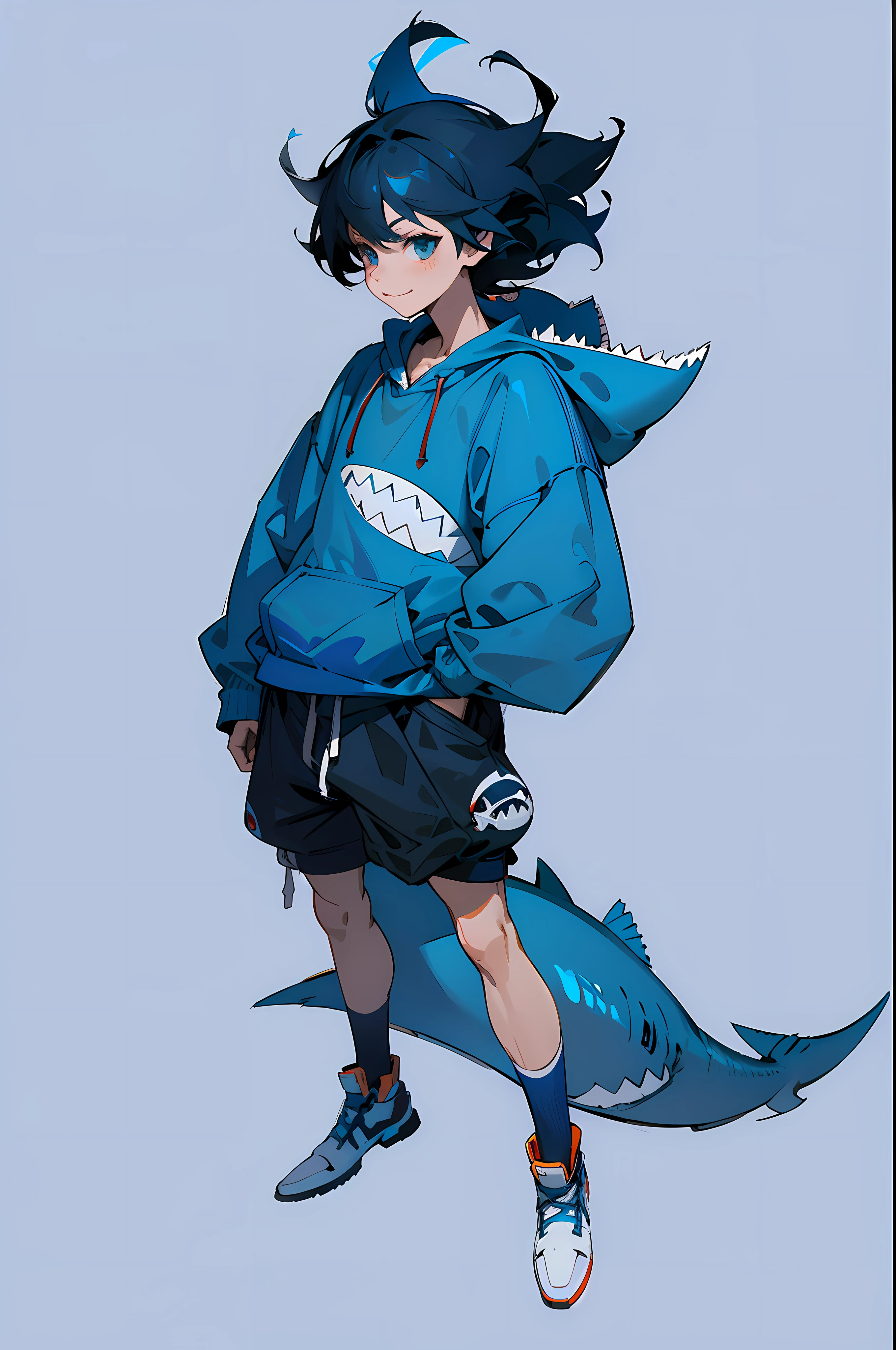 anime character with a shark tail and a hoodie, full body portrait of a short!, 2 d anime style, anime full body illustration, full body concept, detailed full body concept, full body illustration, anthropomorphic shark, trending on artstation pixiv, high quality anime artstyle, artwork in the style of guweiz, tall anime guy with blue eyes