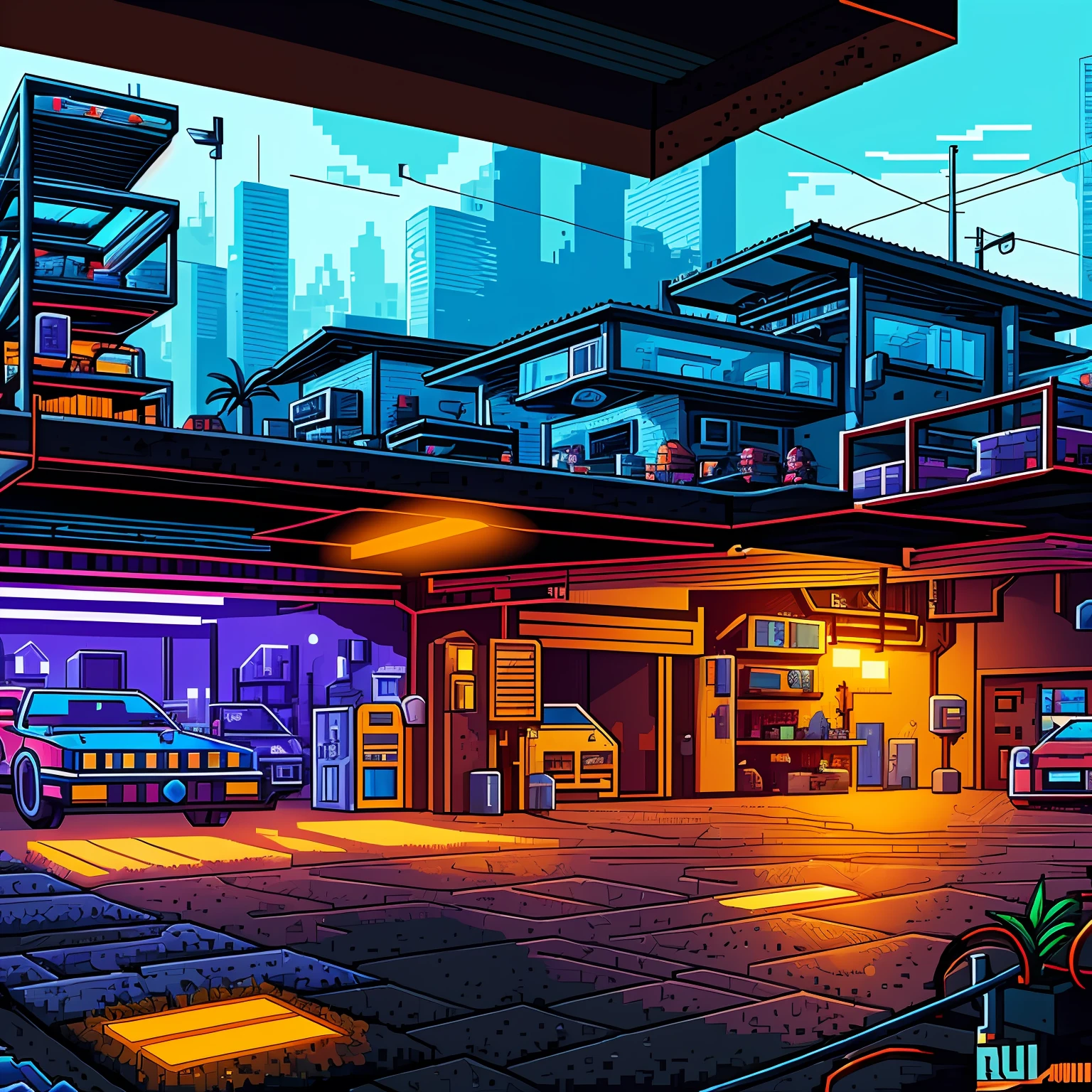 rua cyber cartoon, 2D, dia, (pixel art), Buildings, sky with clouds.