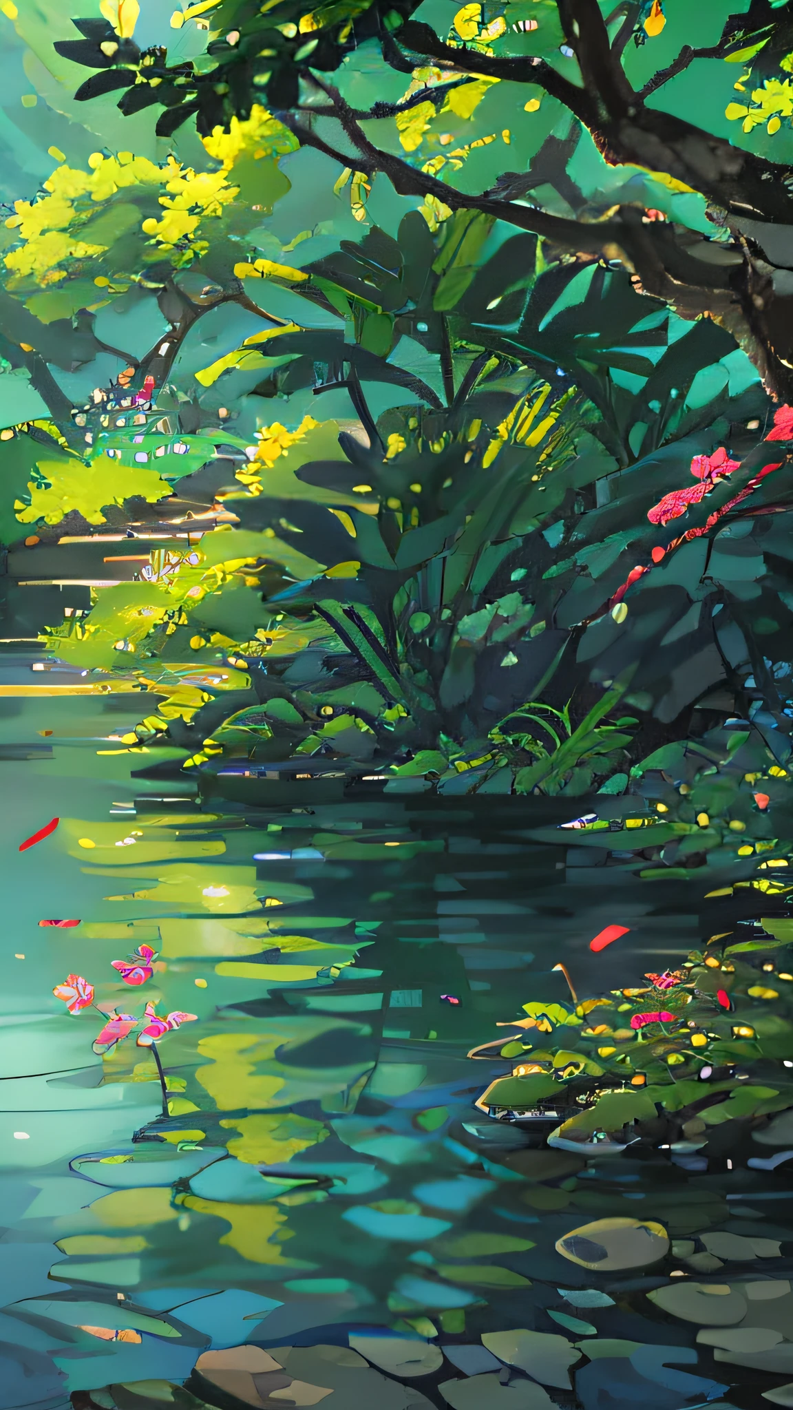 Chinese ancient times, spring, jungle, lake, cave, waterfall, tree, meadow, rock, deer, hot spring, water vapor, (illustration: 1.0), epic composition, realistic lighting, HD details, masterpiece, best quality, (very detailed CG unified 8k wallpaper)