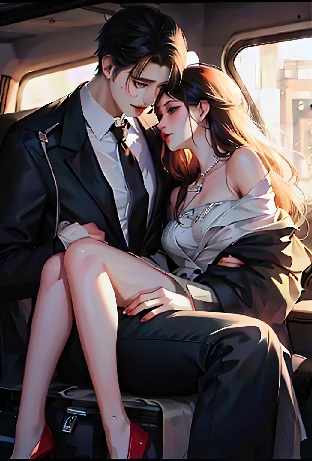 there is a man and woman sitting in a car together, by Yang J, Guviz-style artwork, cute couple, sakimichan and frank franzzeta, sakimichan frank franzzeta, High-quality fanart, trending on cgstation, WLOP and Sakimichan, couple pose, sakimichan