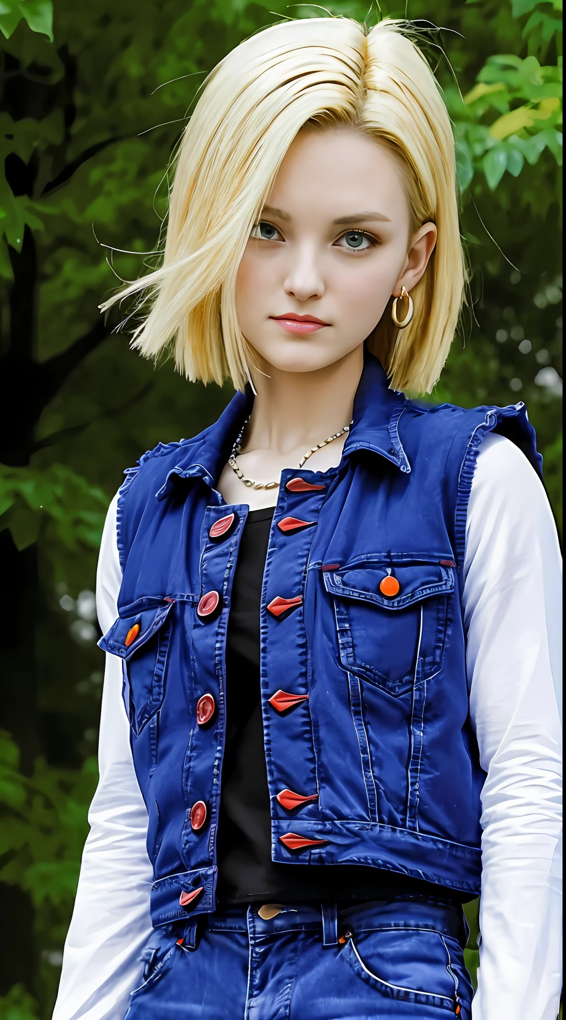 masutepiece, Best Quality, Portrait of cute android18DB, Realistic face, Solo, earrings, Jewelry, jeans, brave, eyeshadows closed, vests, Pants, plein air, gloves, Necklace, jeans, Rock, Standing, fighting position, Volumetric lighting, Best Quality, masutepiece, Intricate details, tonemapping, Sharp Focus, Hyper Detailed、dragon balls、Artificial human１８number、A Japanese Lady、japanes,a blond,well-groomed hair