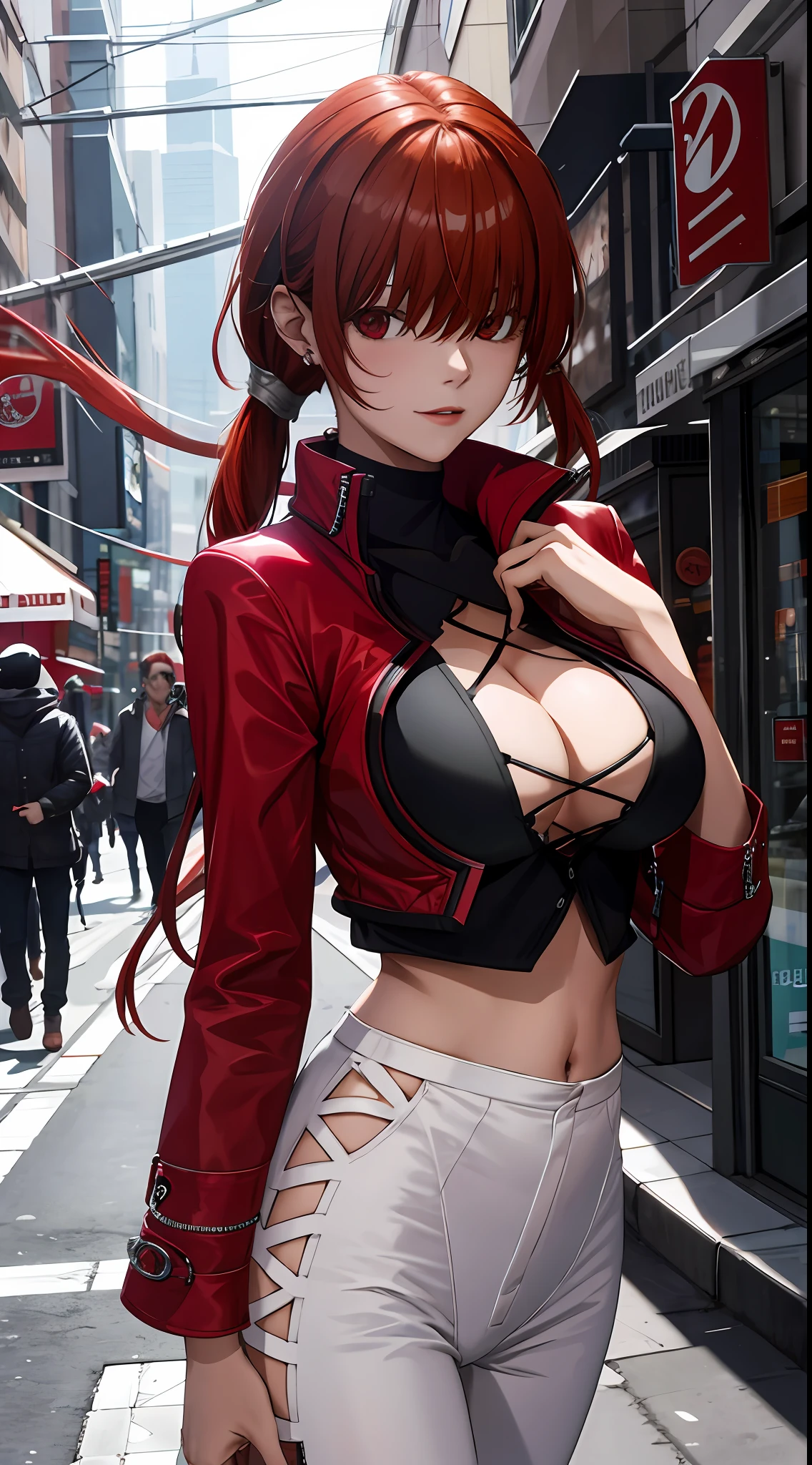 tmasterpiece,, Best quality at best, A high resolution, 1girll, red tinted hair,white clothes,hason, Crop top, (Large breasts 1.4), nabel,Fighting posture,cyber punk perssonage,City streets