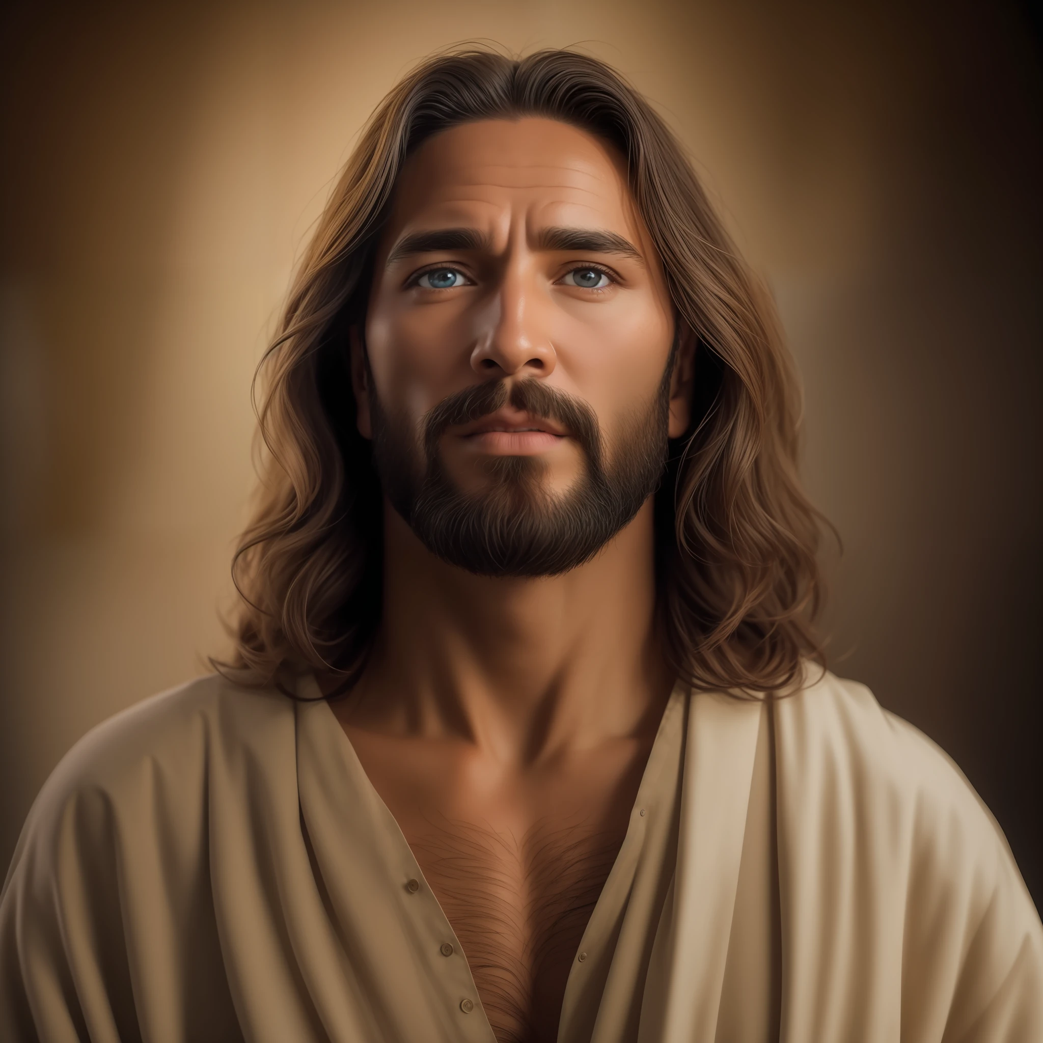 Gere uma imagem de Jesus estilo realista, standingn, olhando para frente .com longos cabelos castanhos e barba. His eyes are kind and expressive,, garanta que a imagem seja de alta qualidade e rica em detalhes, capturing the essence of Jesus , pele altamente detalhada: 1,2 8k uhd , 20mp, fujifilm xt3, 80mm