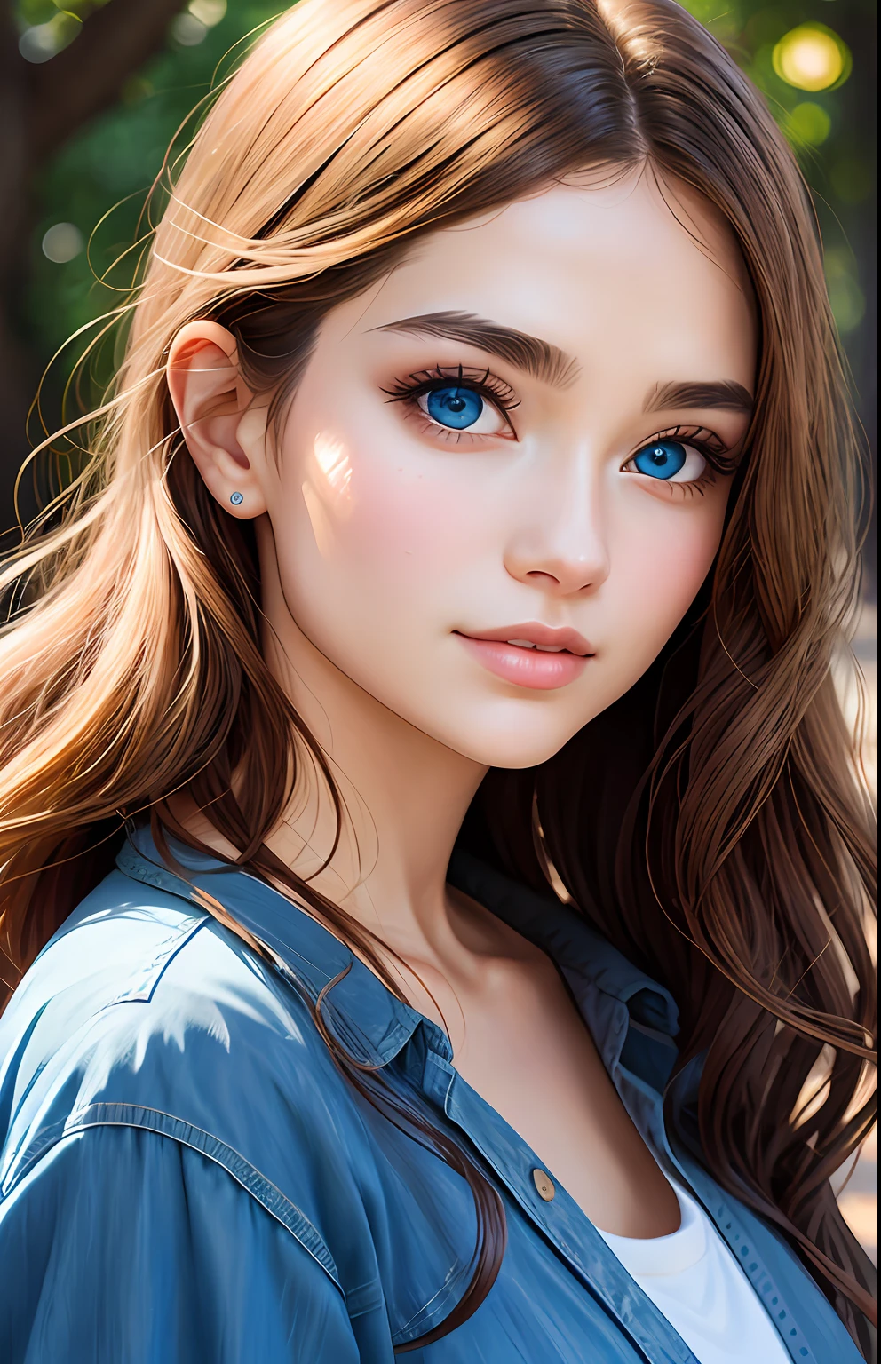 animesque、portraitures、One Person18Pretty Woman、Moisturized eyes、Casual clothing、a picture、oval jaw、beautiful countenance、The hair、Blue eyes with a beautiful glow、LDS Art