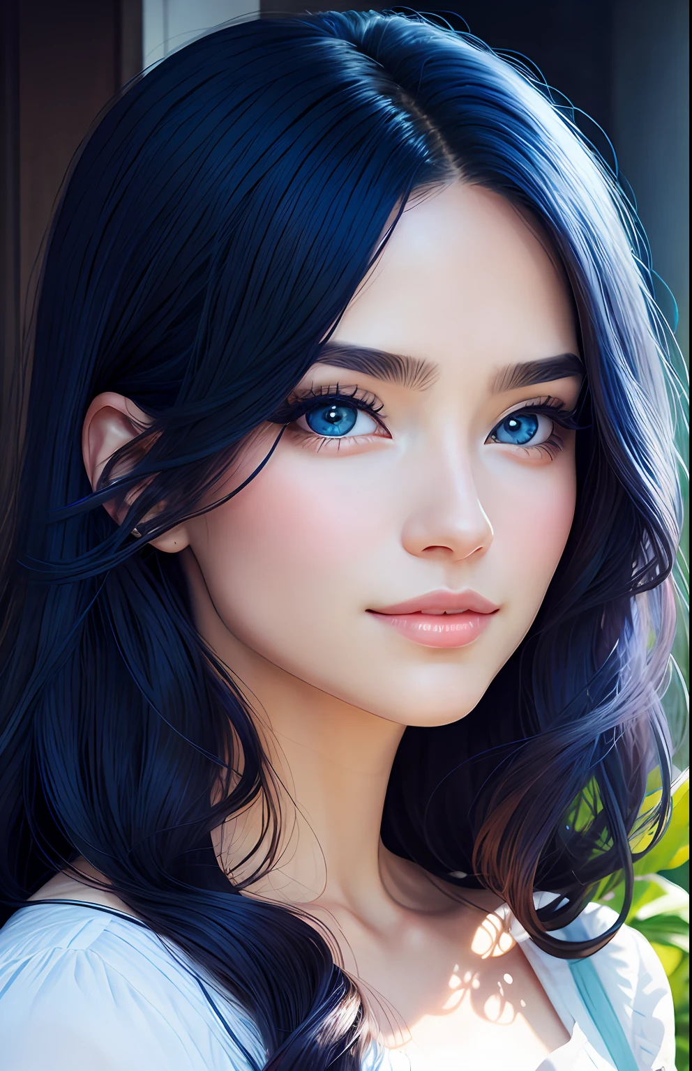animesque、portraitures、One Person18Pretty Woman、Moisturized eyes、Casual clothing、a picture、oval jaw、beautiful countenance、The hair、Blue eyes with a beautiful glow、LDS Art