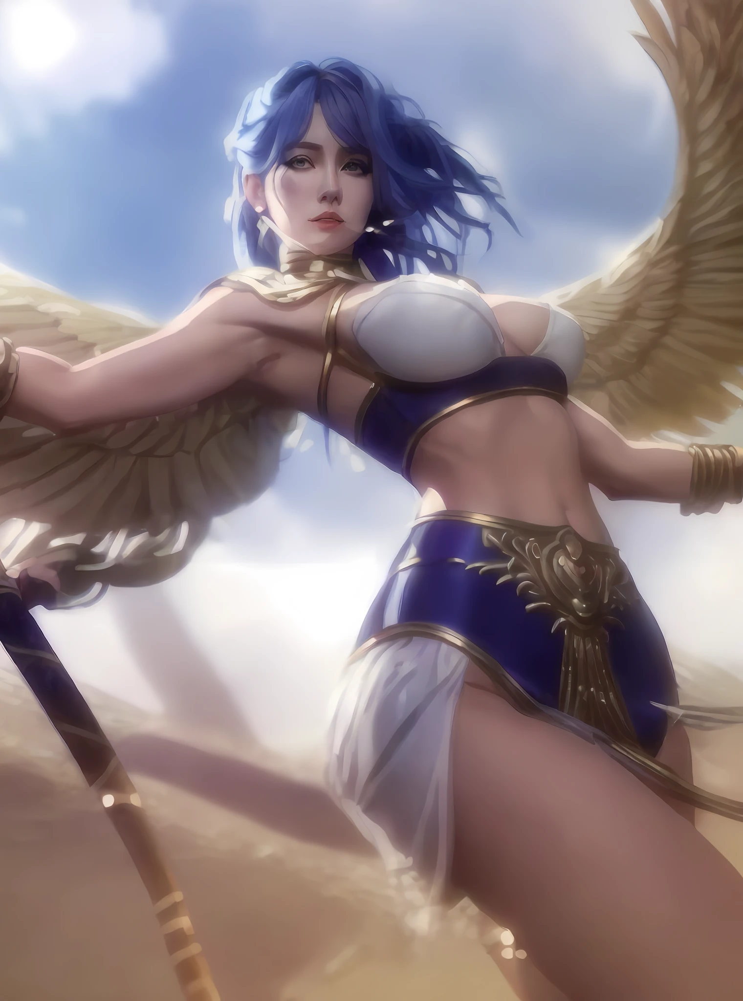 ((best Quality, 4K, Masterpiece: 1.3)), (Detailed: 1.4), Reality, 1girl, a woman with wings and a sword in a desert, artgerm julie bell beeple, extremely detailed artgerm, as seen on artgerm, artgerm detailed, artgerm lau, ig model | artgerm, artgerm style, in style of artgerm, wlop and artgerm, A woman with hair Bangs and Braid hairstyle, Braid, Big Breast, Huge Breast, Nice Thigh, A woman with blue Hair and Spears, Egypt woman with White bra, 4K, HD, Ultra Realistic, extremely detailed