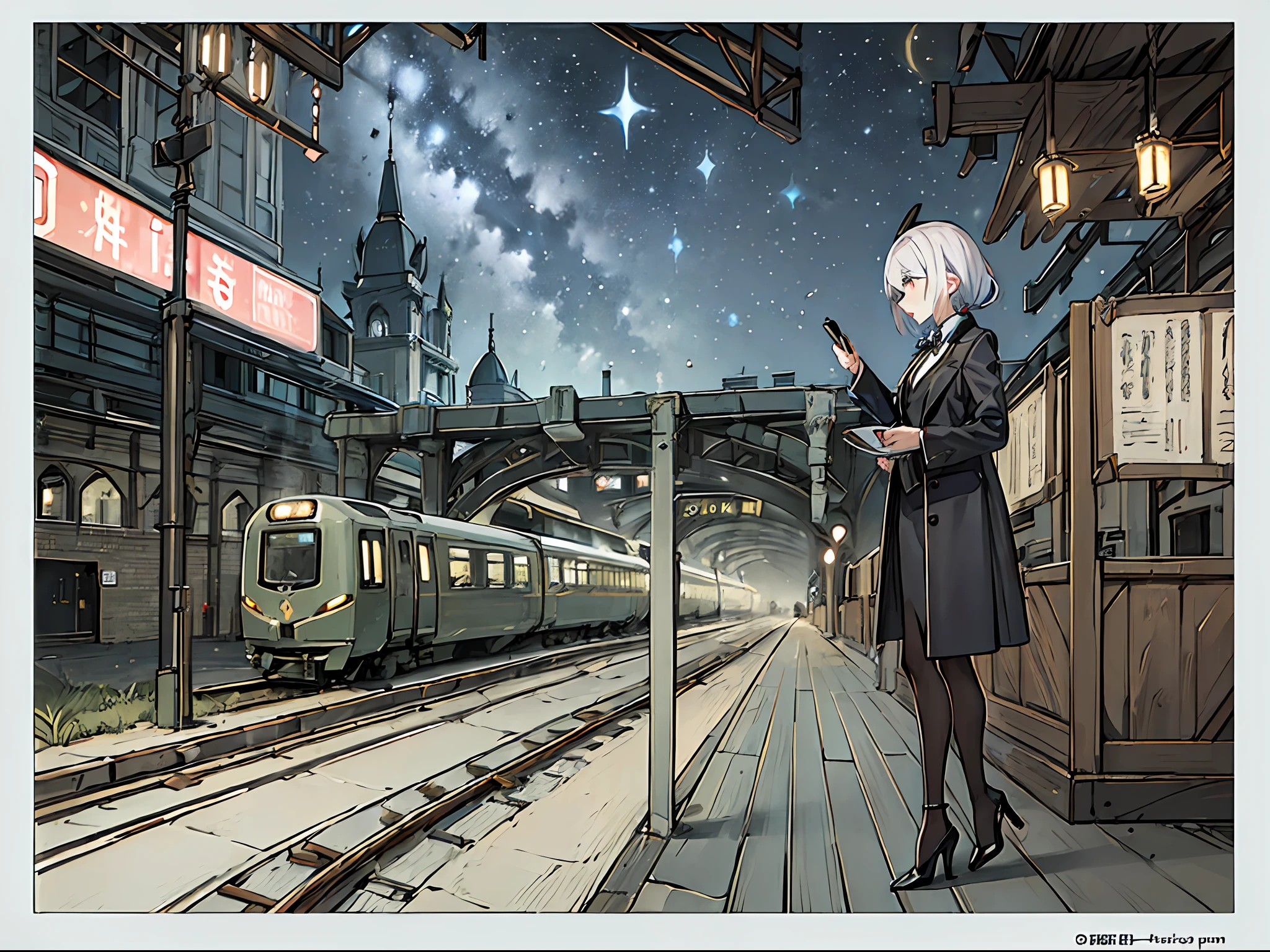 ((8K、masterpiece、top-quality))、Landscape painting、Otherworld、Unmanned stations、train track、Station name sign、creepy atmosphera、divine atmosphere、Stray Woman、Odango Hair、suits、high-heels、starrysky、star trails、Moze shining in 7 colors、Detailed drawing、Precision drawings