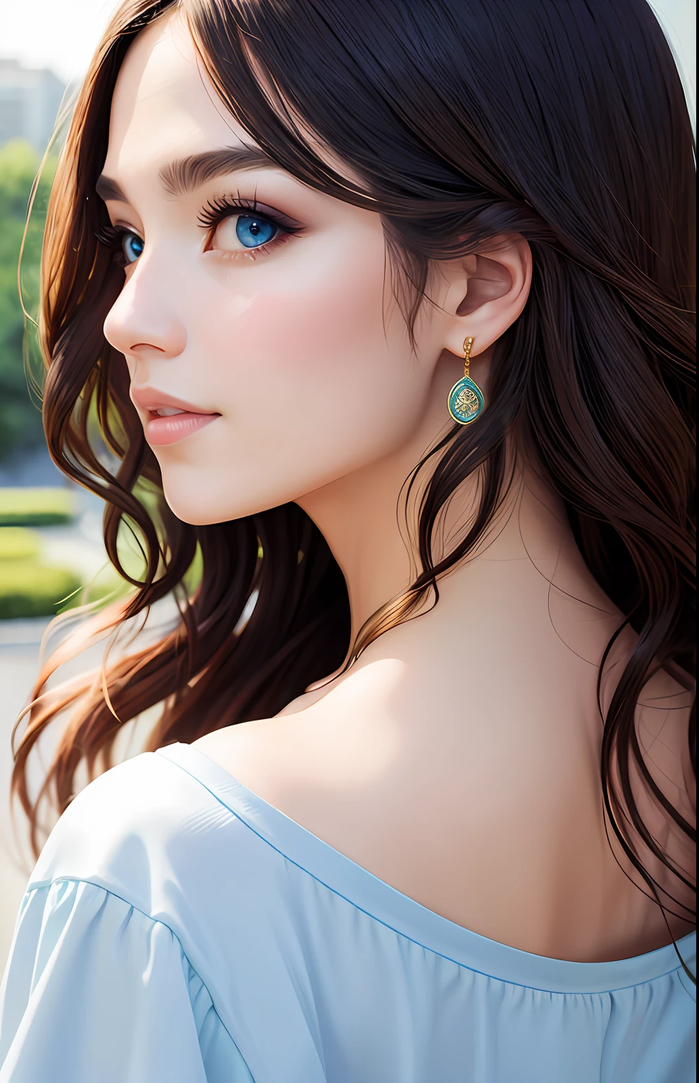 animesque、portraitures、One Person18Pretty Woman、Moisturized eyes、Casual clothing、a picture、oval jaw、beautiful countenance、The hair、Blue eyes with a beautiful glow、LDS Art