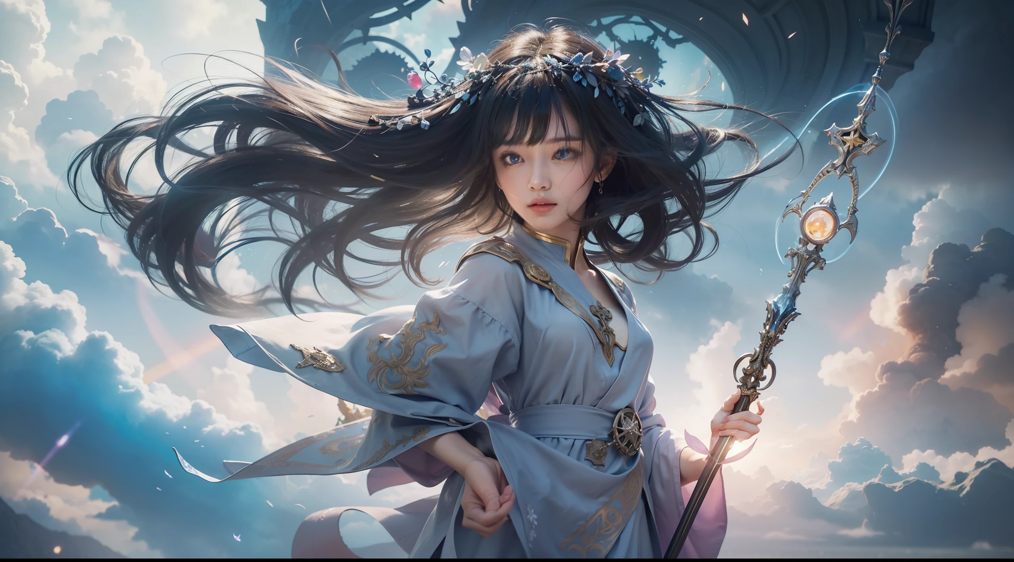 Above the rising clouds,Night, Dark, (Fantasy),infinite,deep blue sky,The abyss of knowledge,Cowledge,((masutepiece)), (((Best Quality))),((Beautiful fine eyes)),(Eye lashes)、Realistic clouds、Very beautiful face、The ultra -The high-definition、Beautiful girl and giant protecting her、(1人、One Giant Man)、Black hair、The long-haired、abyss eyes、glowy skin、oils、small tits、Perfect human body structure、Wizard robes、tattered cloth、Realistic coat、Tee、Super delicate CG Unity 32k wallpaper、photoRealstic、masterpiece, ((ultra-detailliert)), ((illustratio)),colourfull,wall-paper,The energy,Unknown terror,Incomprehensible,Around the magic,Magical surroundings,magic wands,Boken,Flying pages,Know everything,Predict the future、Get to know the past、Infinite wisdom、blue flames、Warlock、magic circles、Pentagram、Spells、mantra、Singing magic