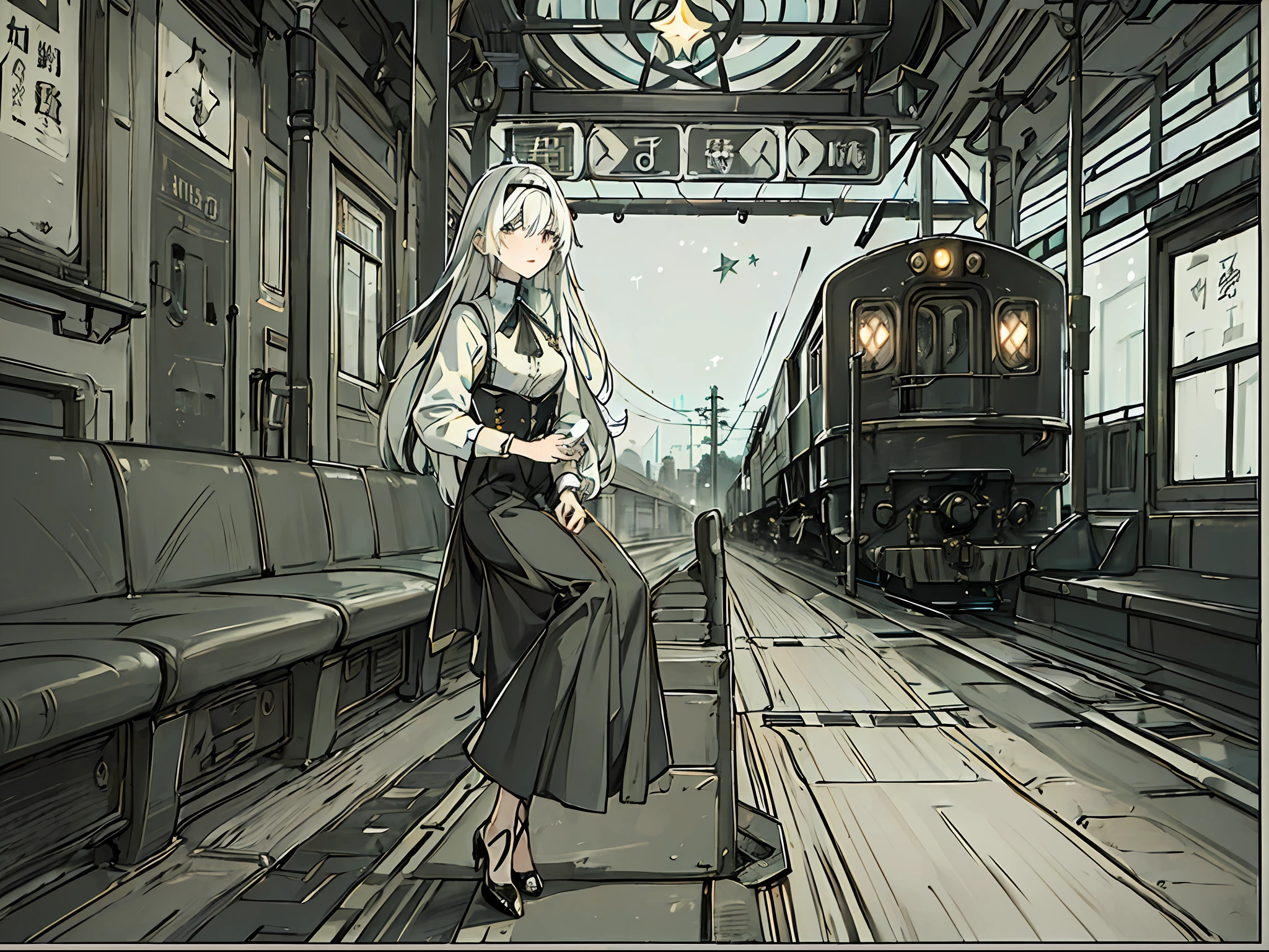 ((8K、masterpiece、top-quality))、Landscape painting、Otherworld、Unmanned stations、train track、Station name sign、creepy atmosphera、divine atmosphere、Stray Woman、Odango Hair、suits、high-heels、starrysky、star trails、Moze shining in 7 colors、Detailed drawing、Precision drawings