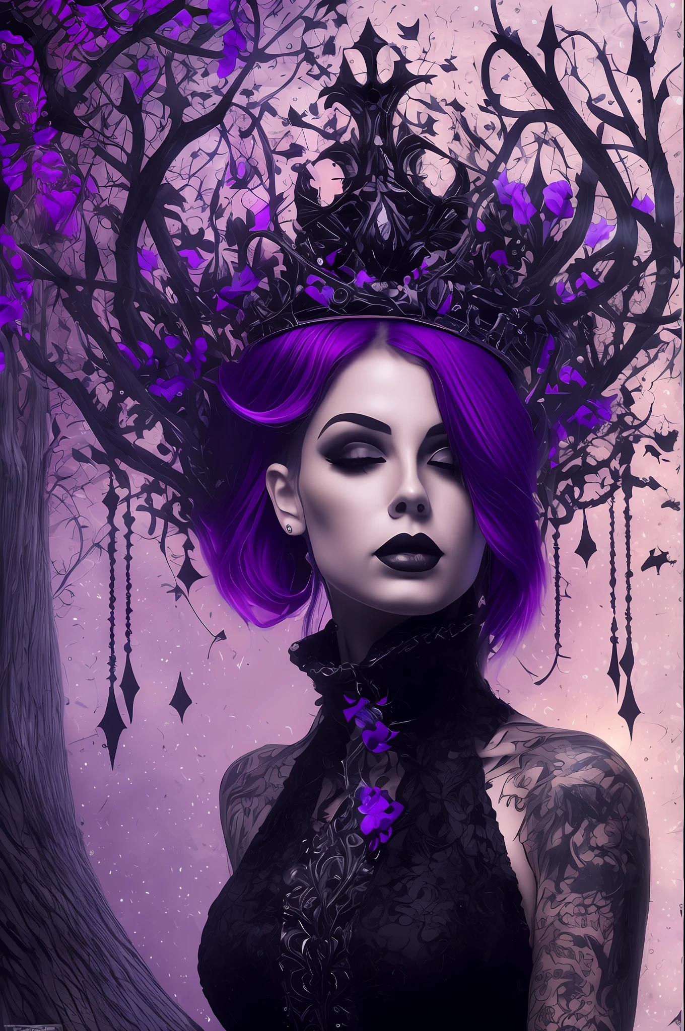 bela mulher tatuada, cabelos curtos preto, corpo inteiro, Gothic purple and black dress, luvas de rena preta, On his neck a crown of void, gotic, belissimo, mais alta qualidade, 8k, ao fundo uma floresta escura, com borboletas iluminadas