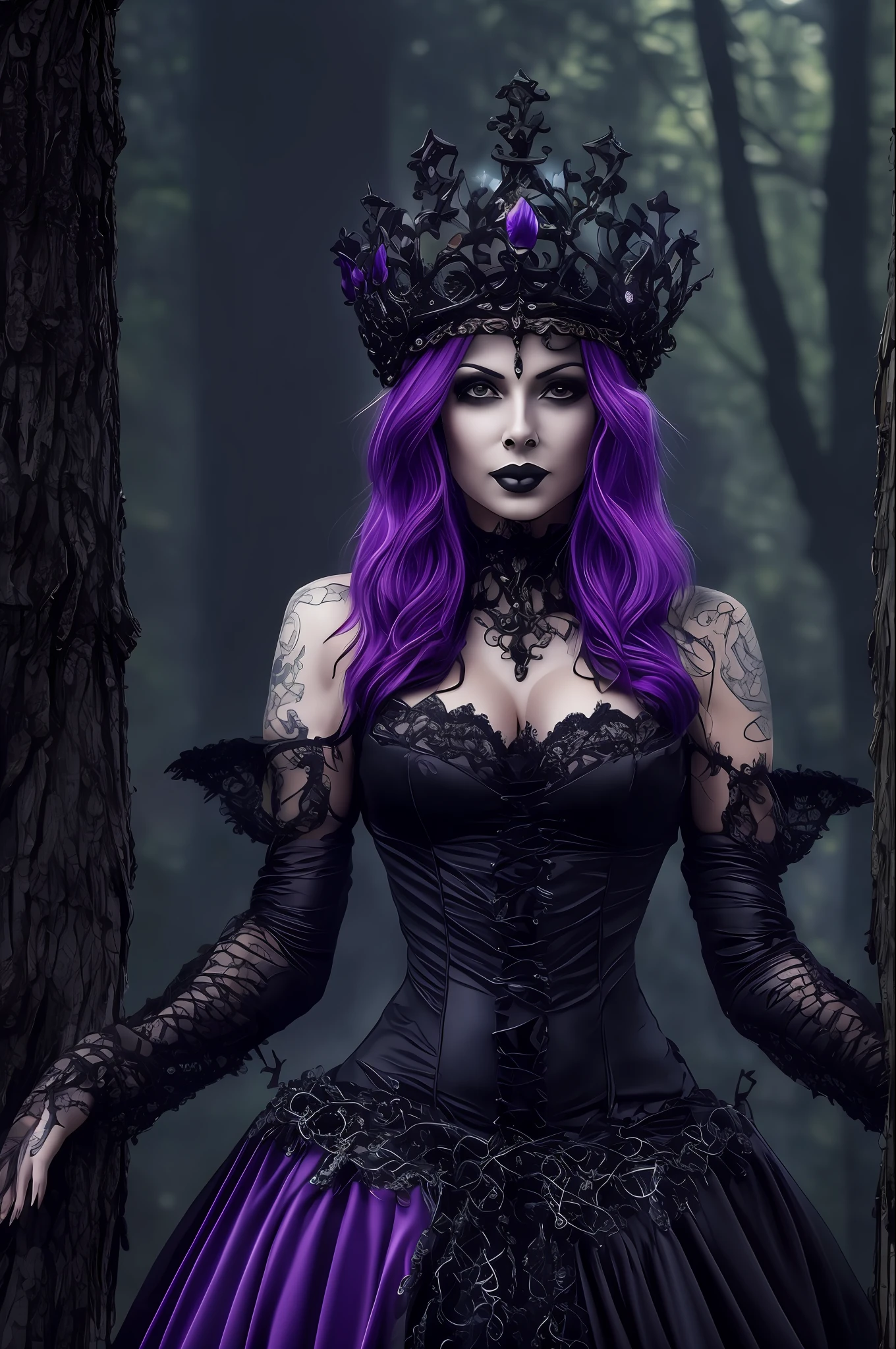 bela mulher tatuada, cabelos curtos preto, corpo inteiro, Gothic purple and black dress, luvas de rena preta, On his neck a crown of void, gotic, belissimo, mais alta qualidade, 8k, ao fundo uma floresta escura, com borboletas iluminadas