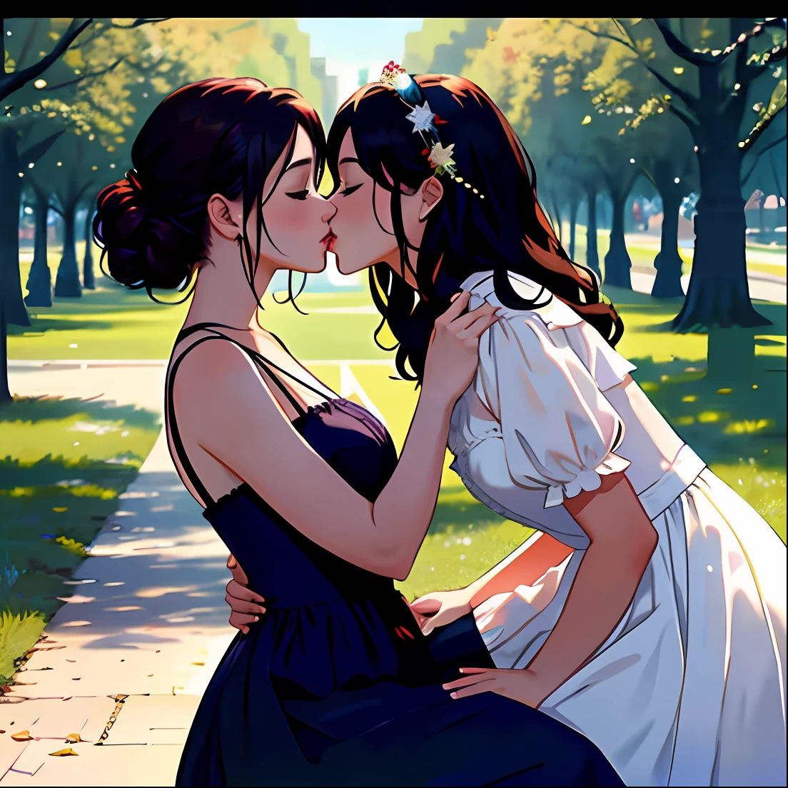araffe woman kissing a woman in a dress in a park, kissing together cutely, promo still, kissing, promotional still, lovely kiss, the kiss, kissing together, high quality film still, high quality movie still, hot, wonderful scene, the most beautiful scene, kiss, beautiful scene, movie screen shot, couple kissing, most memorable scene, french kiss