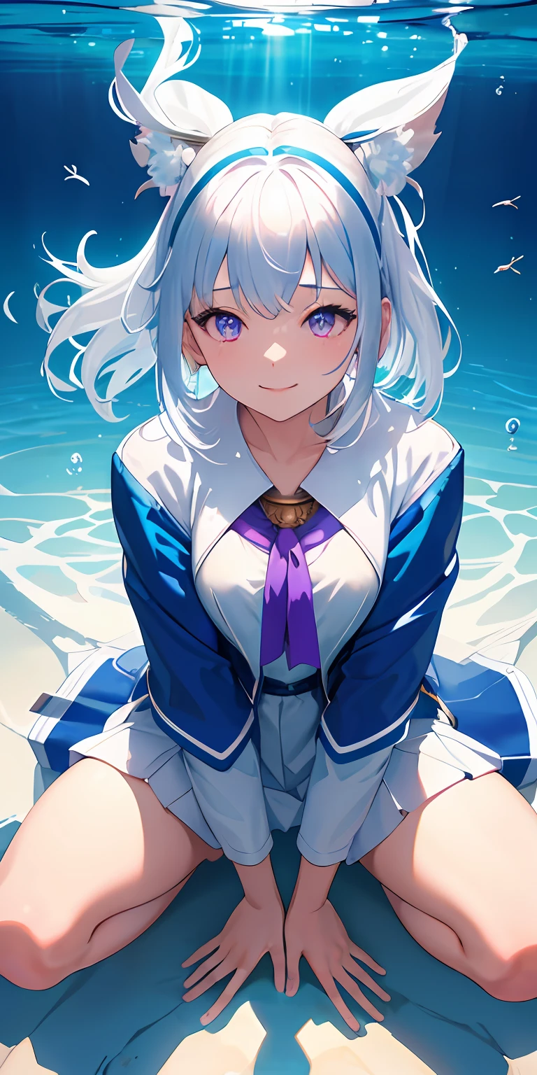 [(Transparent background:1.5)::5],(((masterpiece))),(((best quality))),(((extremely detailed))),illustration, 1girl,solo,mysterious,vivid color,shiny, underwater transparent sealed hemispherical glass dome, (white hair),(purple eyes), full body,barefoot,long hair tranquil nature, koi,Underwater, Dome,close up,Dynamic actions,Lens perspective,(((Box composition))),sit cross-legged and lean against the bookshel, volumetric lighting, multi-color eyes, detailed eyes, hyper detailed,light smile, highly detailed, beautiful, small details, ultra detailed, best quality, intricate, 4k, 8k, trending on artstation, good anatomy, beautiful lighting, award-winning, masterpiece, best quality, highres, 1girl ibuki mio short hair blue hair, white skirt red jacket open jacket squatting, looking up, (from above:1.4)